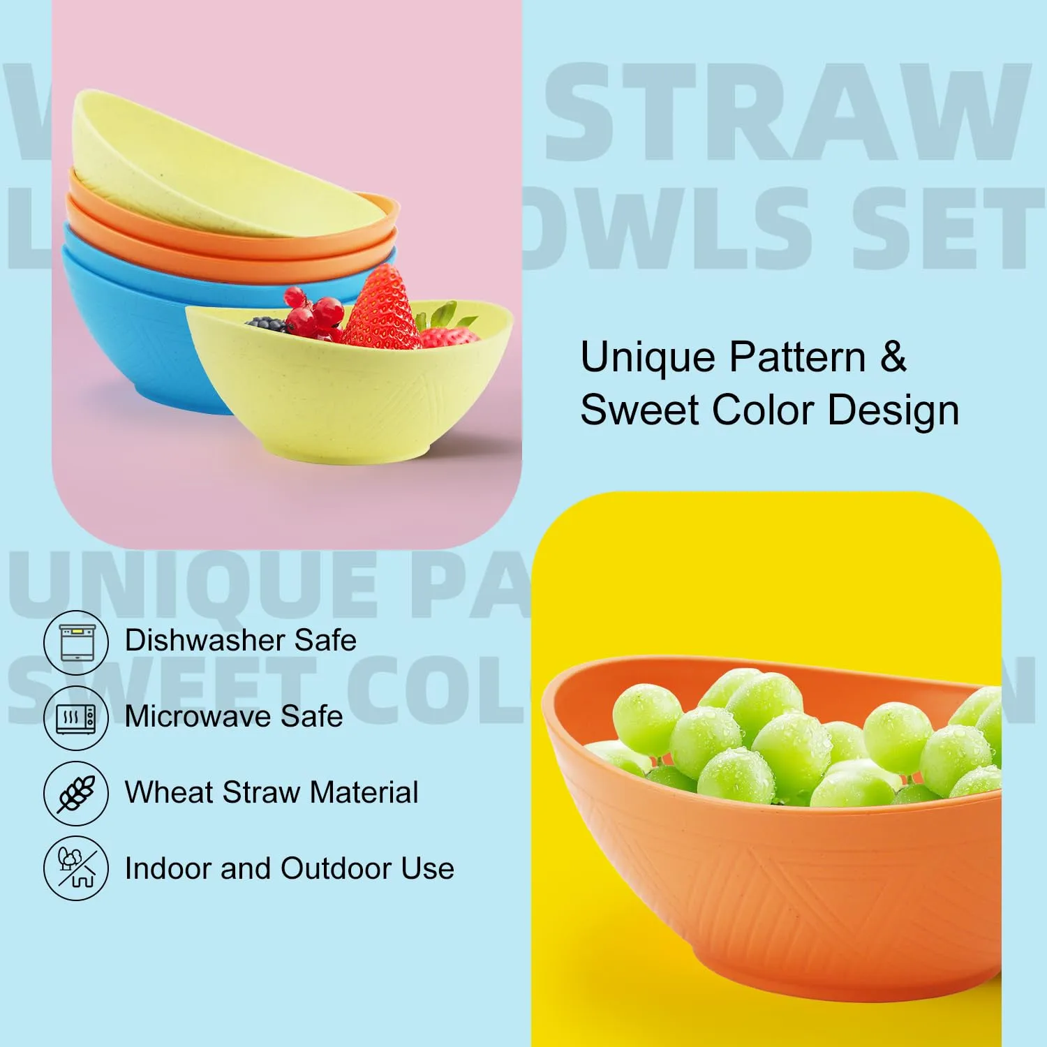 Homienly Wheat Straw Cereal Bowls 26oz, Color Bowl Set of 6, Microwave & Dishwasher Safe, Lightweight Plastic Bowls for Pasta, Candy, Dessert - Sunny Beach