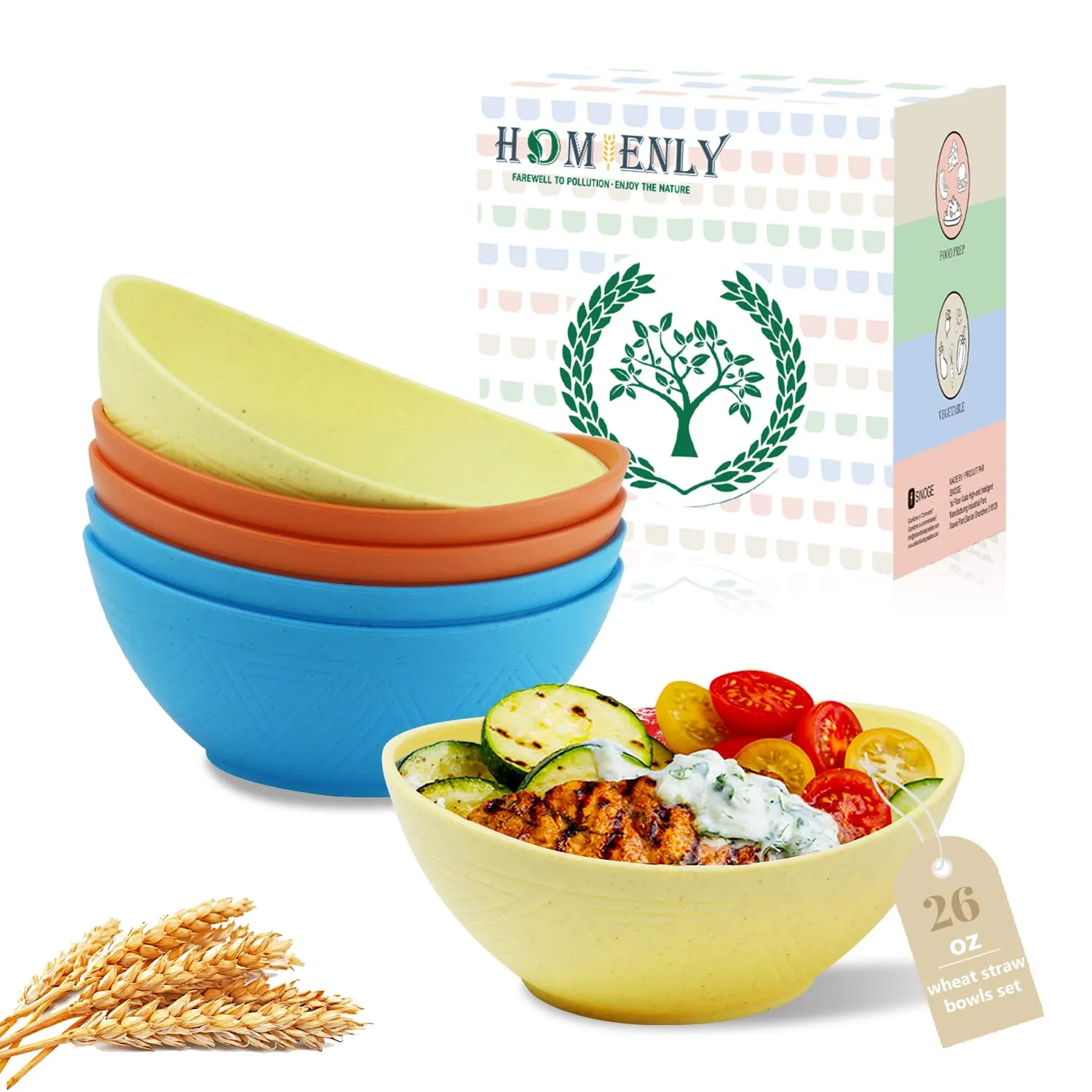 Homienly Wheat Straw Cereal Bowls 26oz, Color Bowl Set of 6, Microwave & Dishwasher Safe, Lightweight Plastic Bowls for Pasta, Candy, Dessert - Sunny Beach