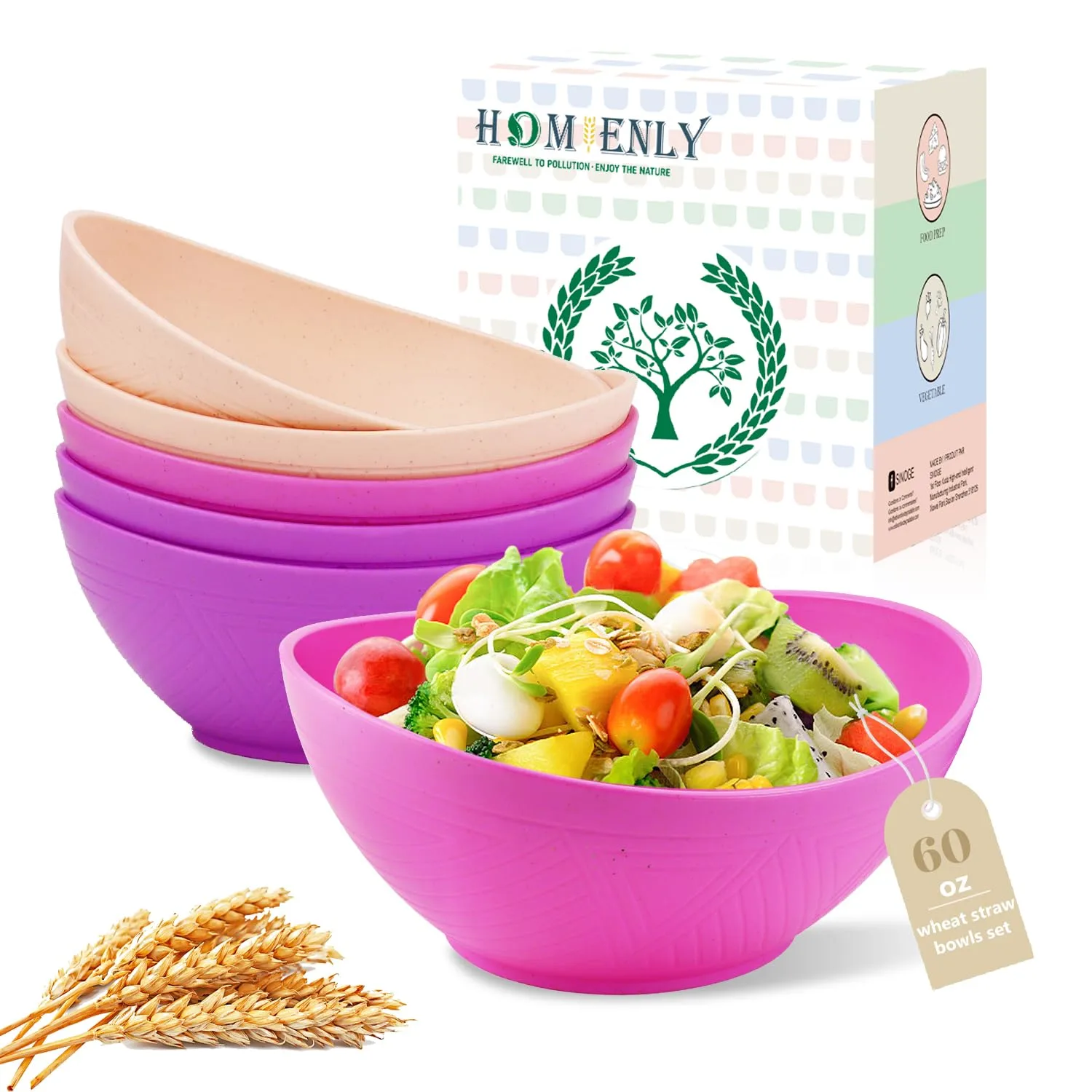 Homienly Large Salad Bowl 60 oz, Wheat Straw Bowl Sets of 6, Unbreakable Serving Bowls for Kichen, Camping, Microwave and Dishwasher Safe Bowls, Serving Bowls for Party - Flowers Series