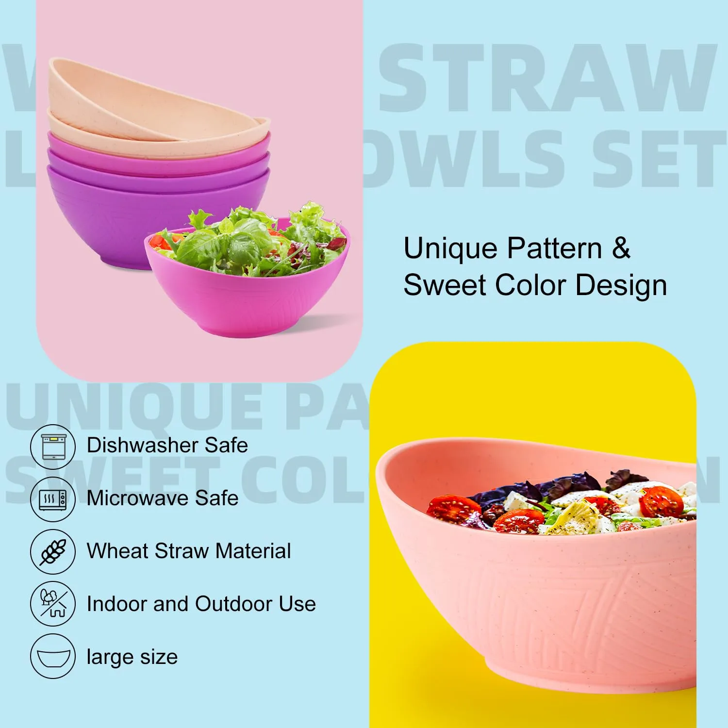 Homienly Large Salad Bowl 60 oz, Wheat Straw Bowl Sets of 6, Unbreakable Serving Bowls for Kichen, Camping, Microwave and Dishwasher Safe Bowls, Serving Bowls for Party - Flowers Series