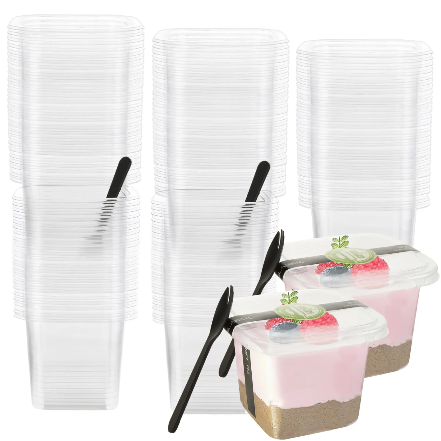 100 Pack 12 oz Plastic Dessert Cups with Lids and Spoons, Clear Plastic Yogurt Parfait Cups with Lid Disposable Fruit Cups with Lids for Pudding, Fruit, Mousse, Strawberry Shortcake