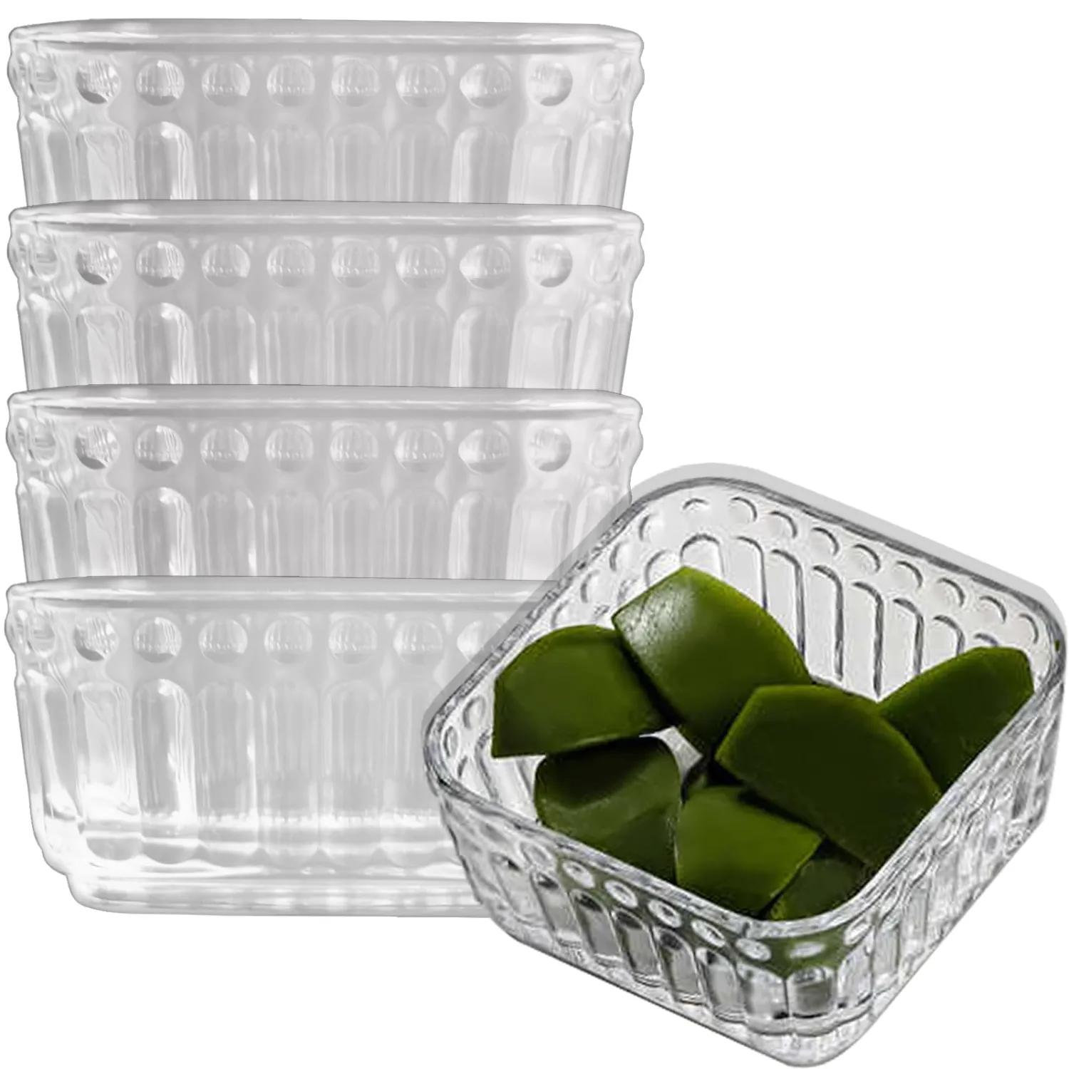 4in 10oz Clear Glass Cereal Candy Snack Bowls Set, 4 Pieces Vintage Ice Cream Yogurt Serving Bowl, Embossed Fruit Dessert Dish Plate, Crystal Square Side Prep Dishes for Desk - Round Bar