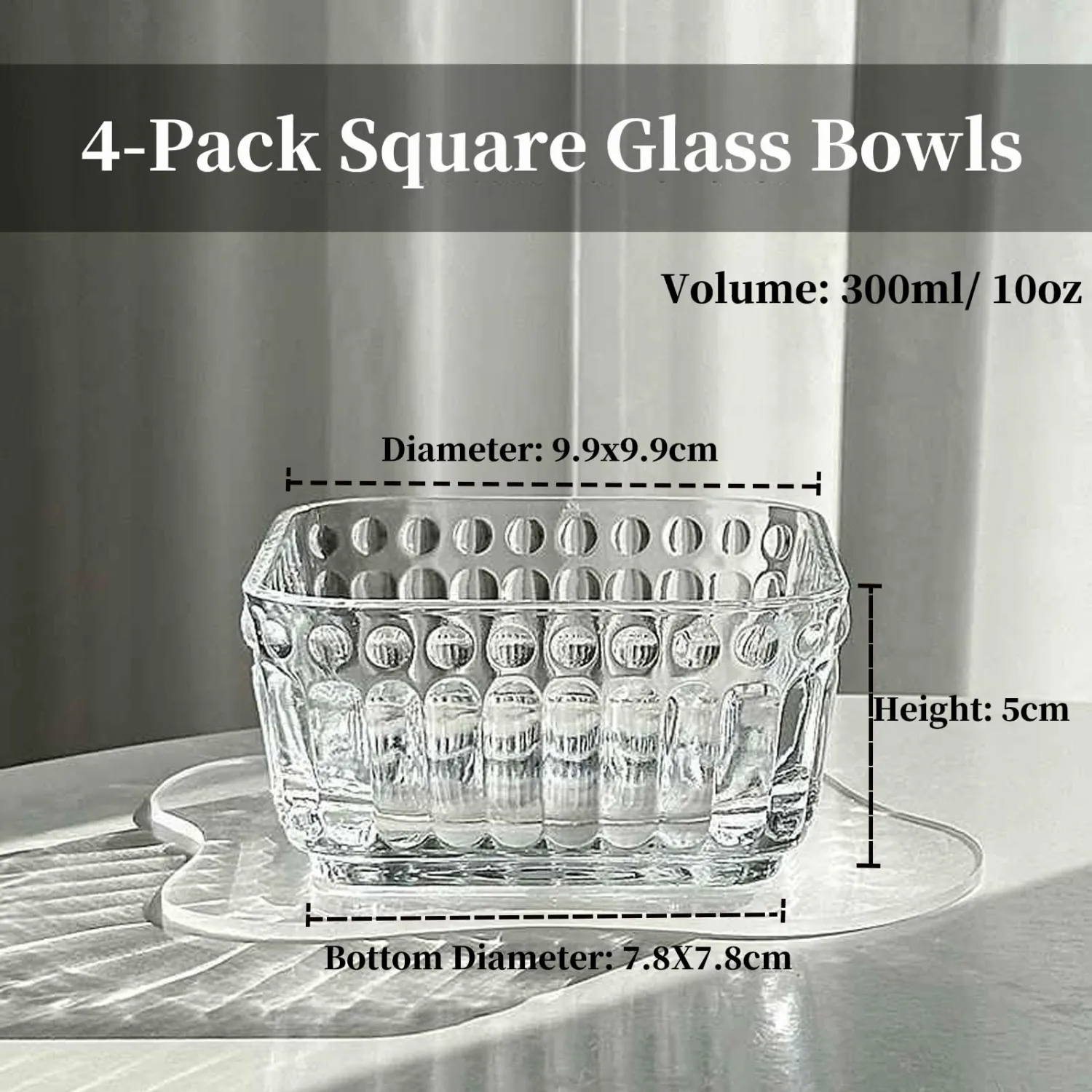 4in 10oz Clear Glass Cereal Candy Snack Bowls Set, 4 Pieces Vintage Ice Cream Yogurt Serving Bowl, Embossed Fruit Dessert Dish Plate, Crystal Square Side Prep Dishes for Desk - Round Bar