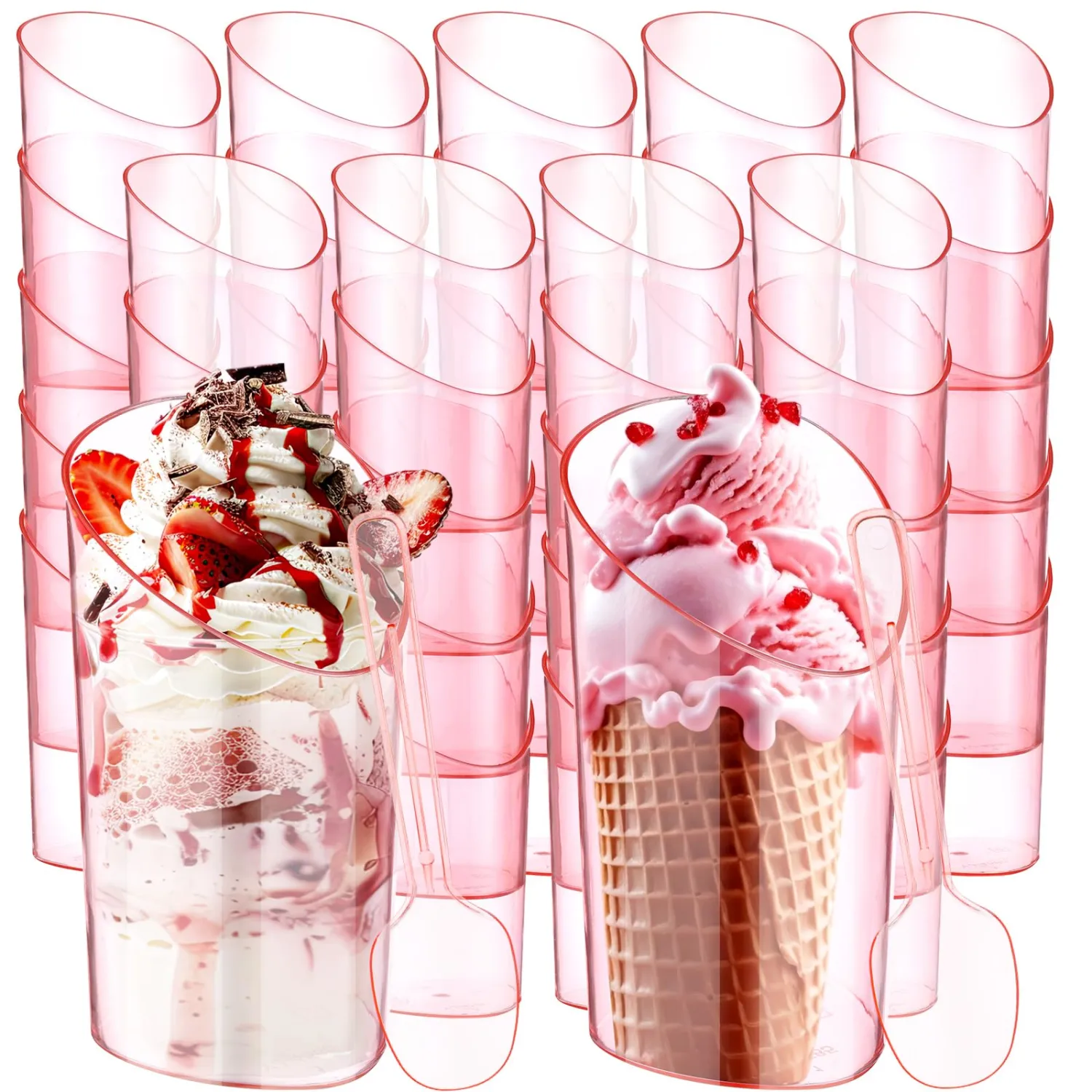 50 Set 3 oz Mini Dessert Cups with Spoons Bulk Plastic Slanted Round Parfait Appetizer Cups Shooter for Desserts Yogurt Mousse Pudding Fruit Cake Wedding Party(Pink)