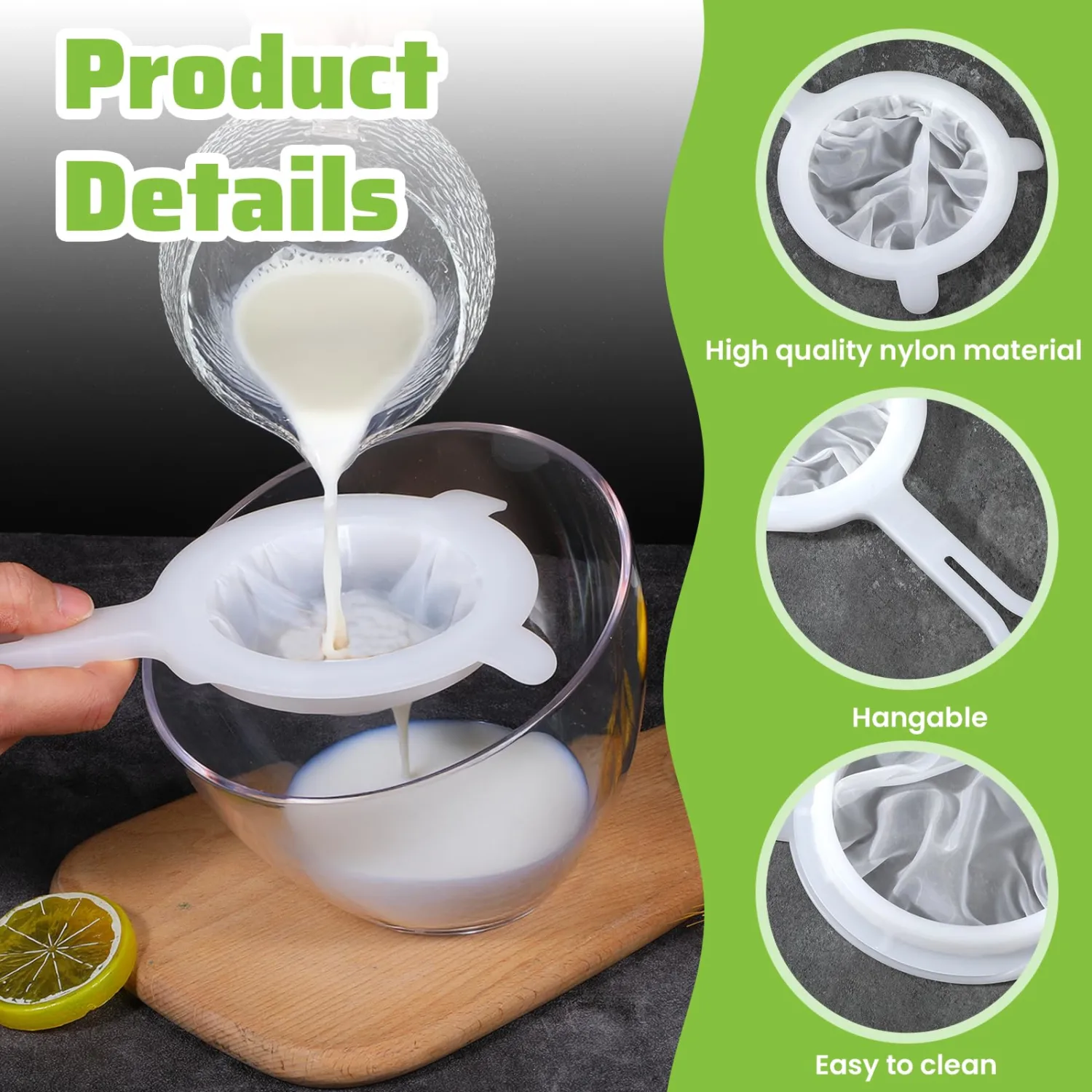 2pcs Ultra-Fine Nylon Mesh Strainer Plastic Food Juice Strainer Yogurt Mesh Sieve Fine Meshs Colander with ​Handle Double-ear Rims Mini Brine Shrimp Separation Net for Coffee(100/200 Meshs)