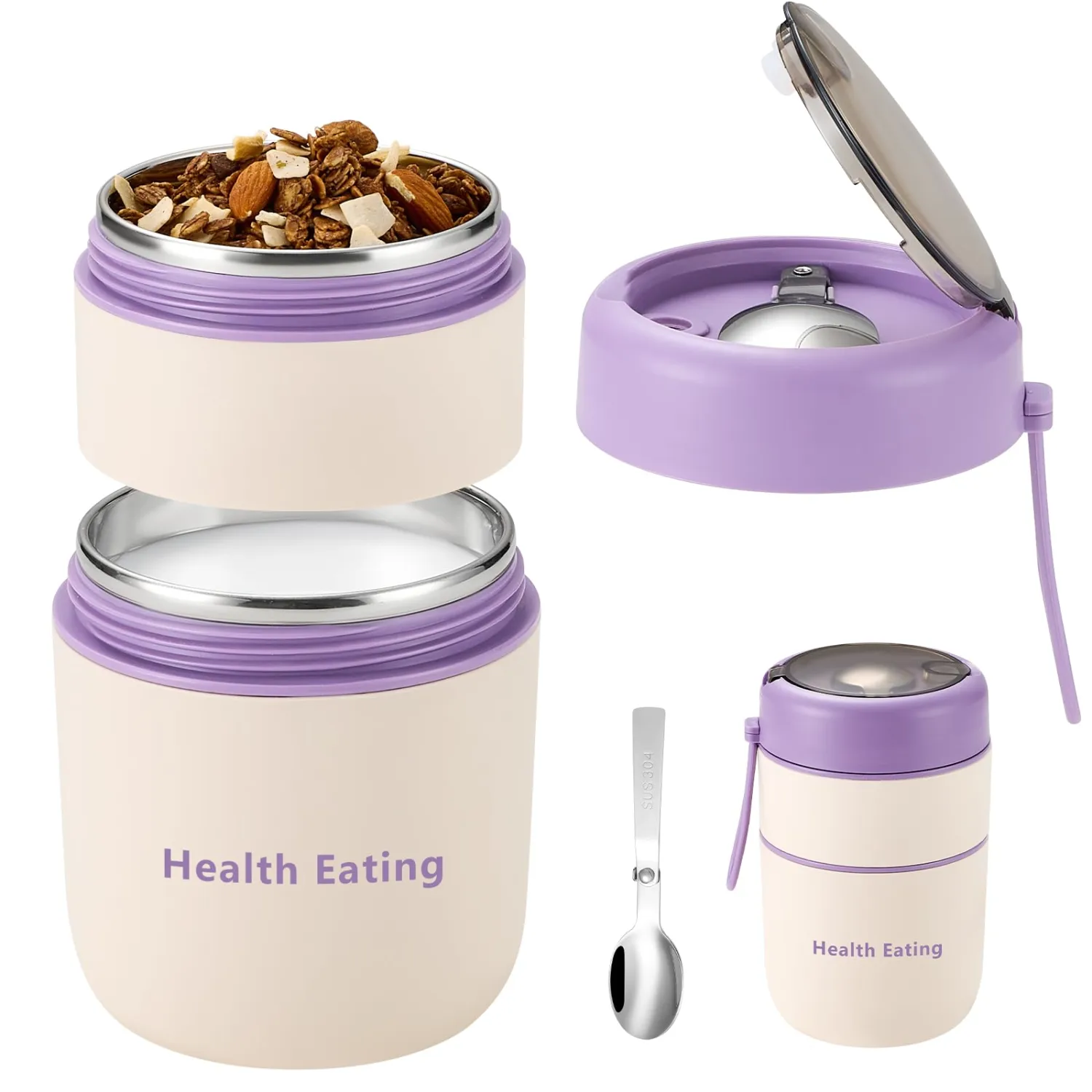 Overnight Oats Containers with Lids and Spoons, 24 oz On The Go Reusable Snack Cup Container for Yogurt Parfait, Middle Compartment, Portable & Lightweight for Work, Travel, Gym - Dishwasher Safe