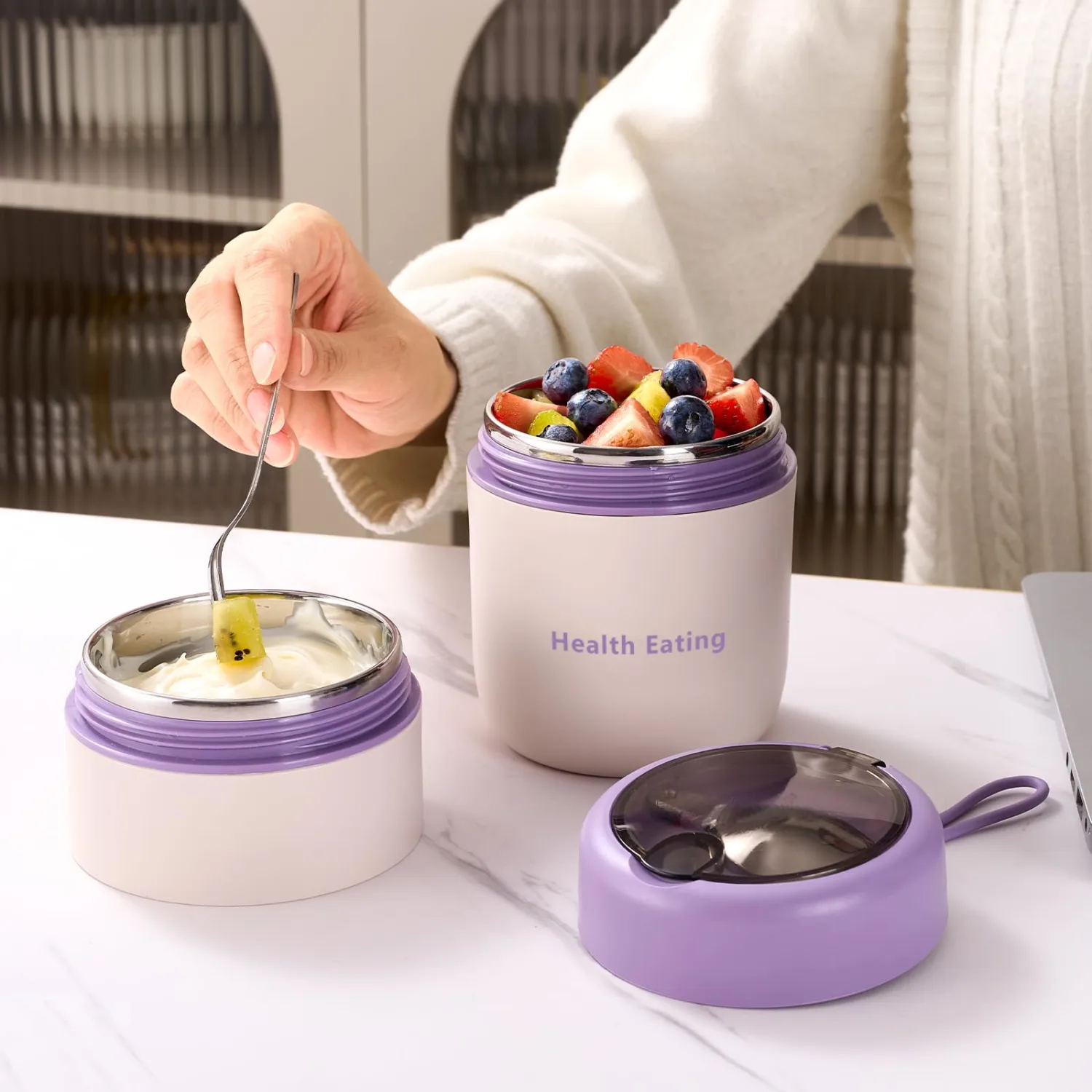 Overnight Oats Containers with Lids and Spoons, 24 oz On The Go Reusable Snack Cup Container for Yogurt Parfait, Middle Compartment, Portable & Lightweight for Work, Travel, Gym - Dishwasher Safe