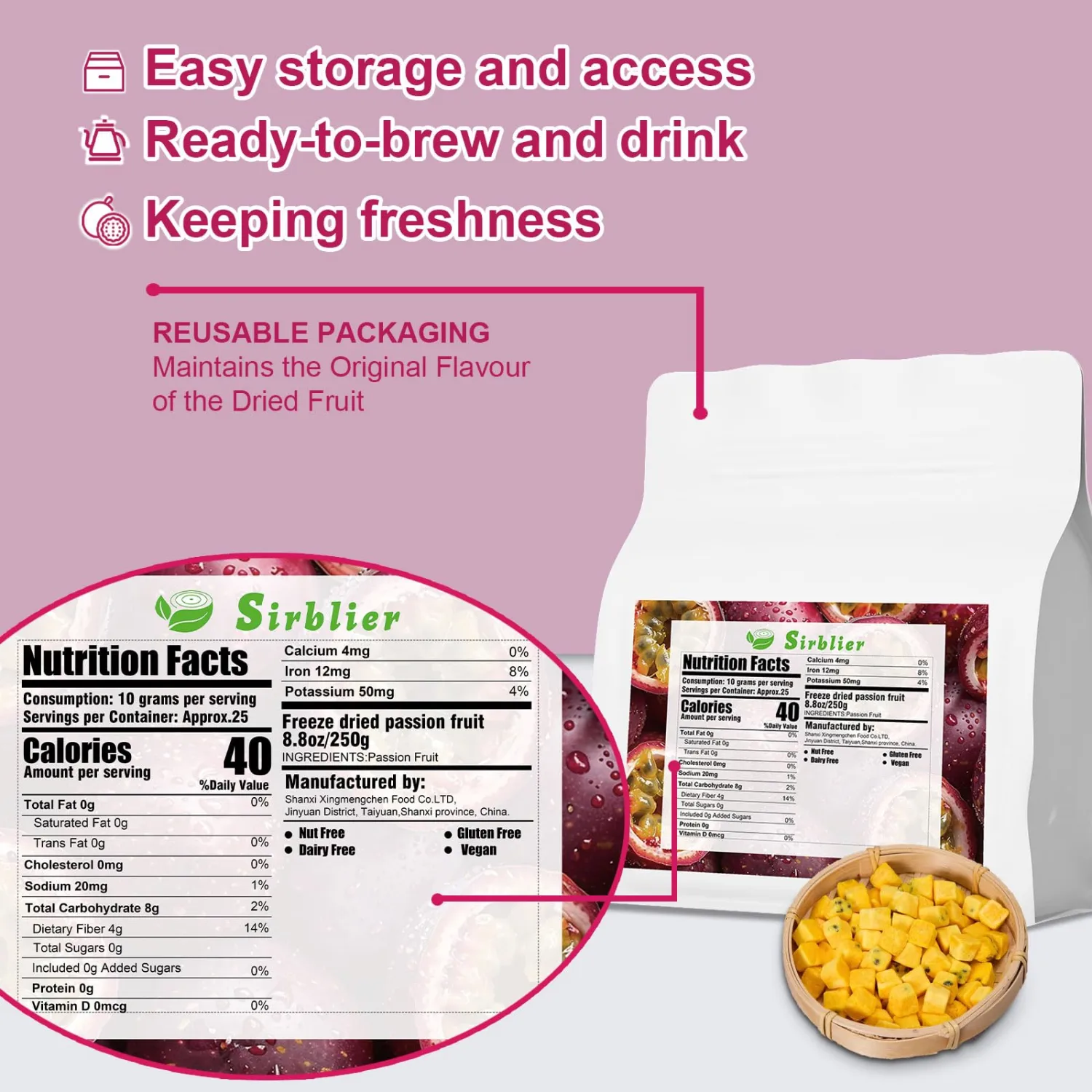 Freeze-Dried Passion Fruit Chunks 8.8oz/250g Bulk Bag - Unsweetened Crunchy Tropical Snack for Baking & Desserts, Yogurt/Smoothie Topping, Camping & Tea Time