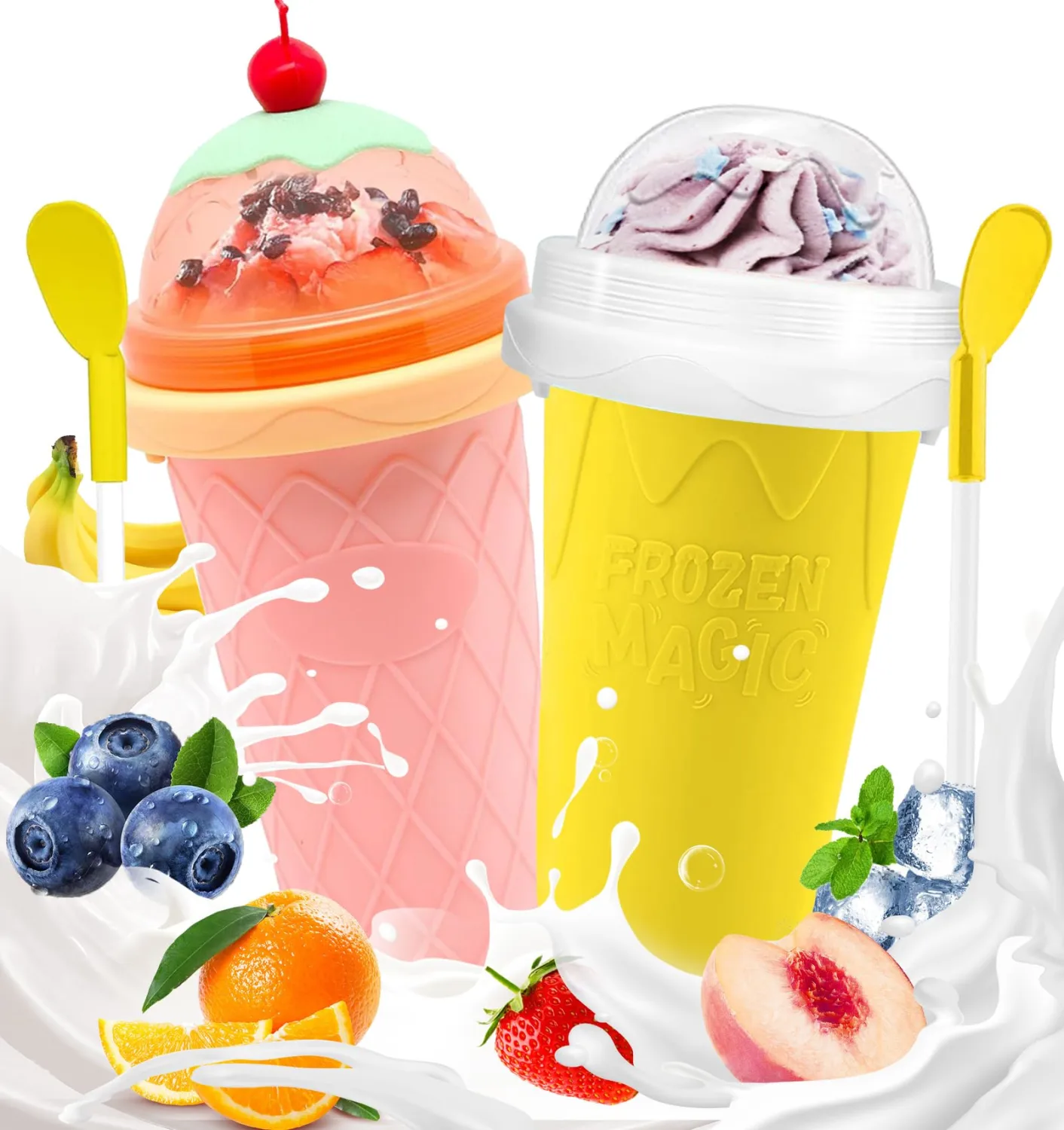 Slushie Cup, 2 Pack Slushy Maker Cup, Frozen Magic Squeeze Cups for Juice Milk Yogurt Ice Cream Make, DIY Smoothie Cooling Cup with Lid & Straw for Kids Friends Family (Yellow+Cherry Pink)
