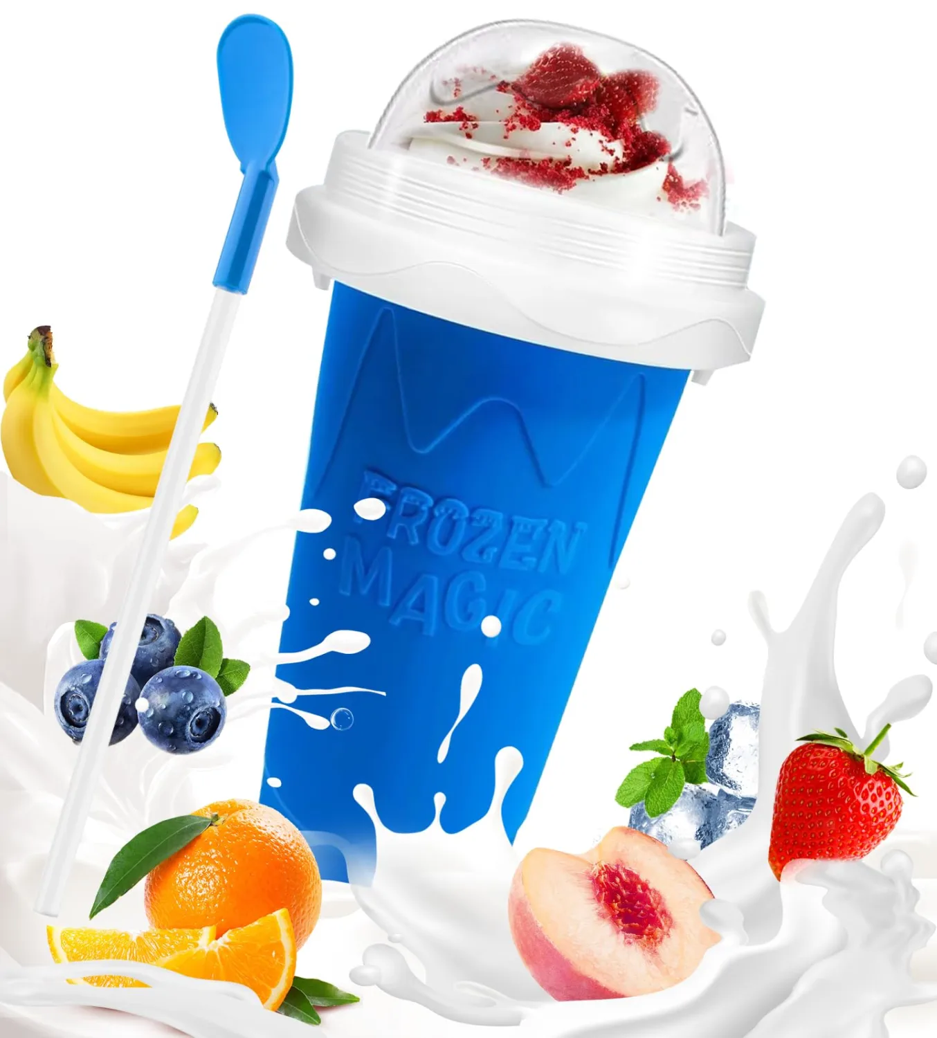 Slushie Cup, 1 Pack Slushy Maker Cup, Frozen Magic Squeeze Cups for Juice Milk Yogurt Ice Cream Make, DIY Smoothie Cooling Cup with Lid & Straw for Kids Friends Family (Blue)