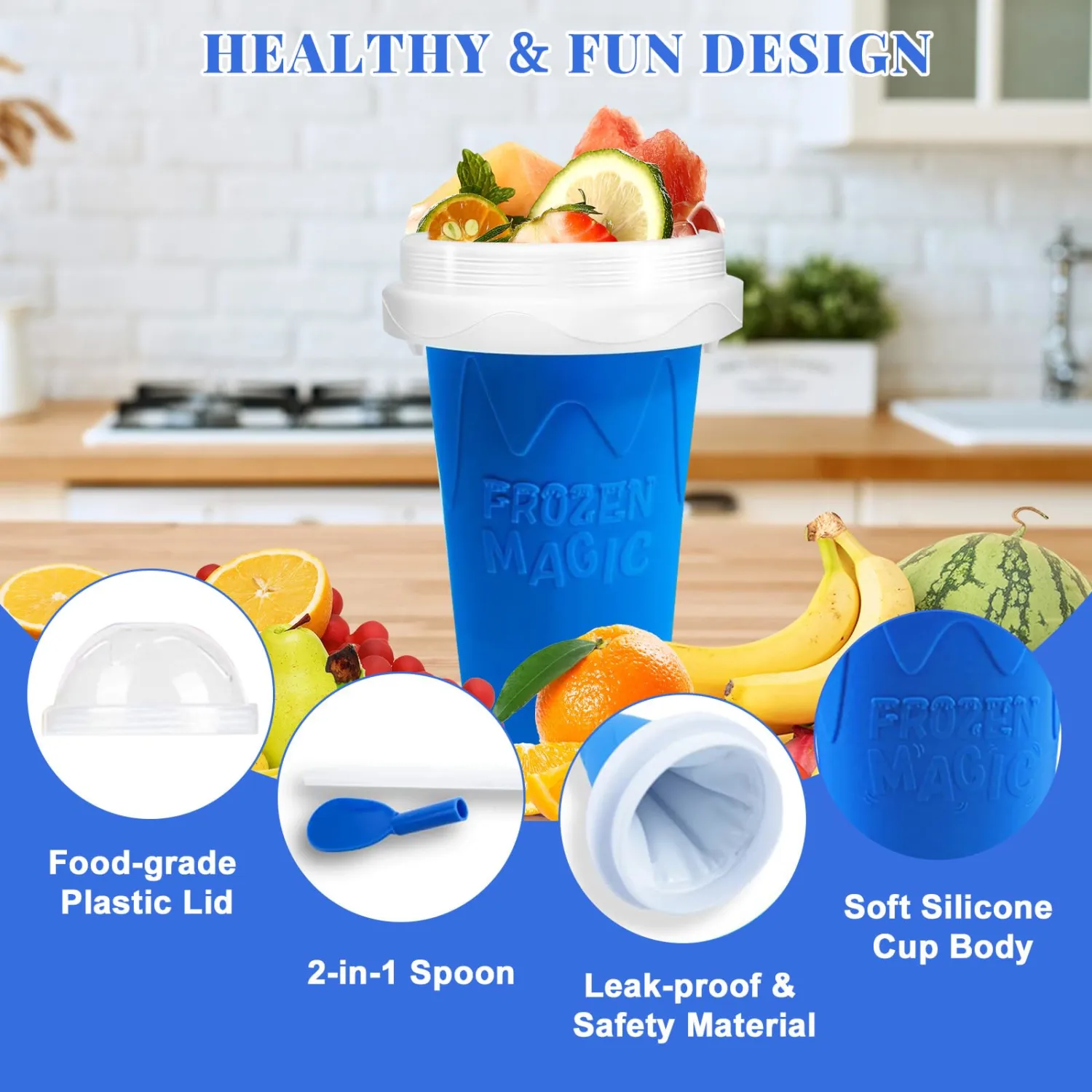 Slushie Cup, 1 Pack Slushy Maker Cup, Frozen Magic Squeeze Cups for Juice Milk Yogurt Ice Cream Make, DIY Smoothie Cooling Cup with Lid & Straw for Kids Friends Family (Blue)