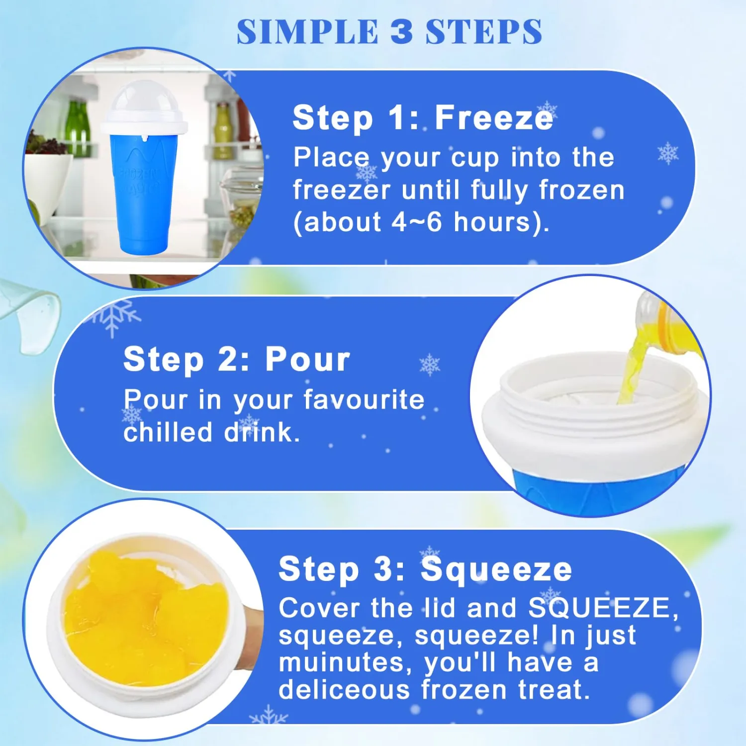 Slushie Cup, 1 Pack Slushy Maker Cup, Frozen Magic Squeeze Cups for Juice Milk Yogurt Ice Cream Make, DIY Smoothie Cooling Cup with Lid & Straw for Kids Friends Family (Blue)