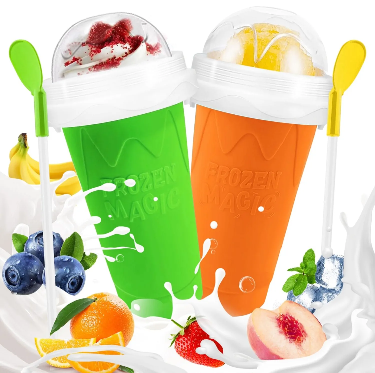 Slushie Cup, 2 Pack Frozen Magic Slushy Cup, Reusable Slushie Maker Cup for Juice Milk Yogurt Ice Cream Make, DIY Slushy Maker Cups with Lid & Straw for Kids Friends Family (Green+Orange)
