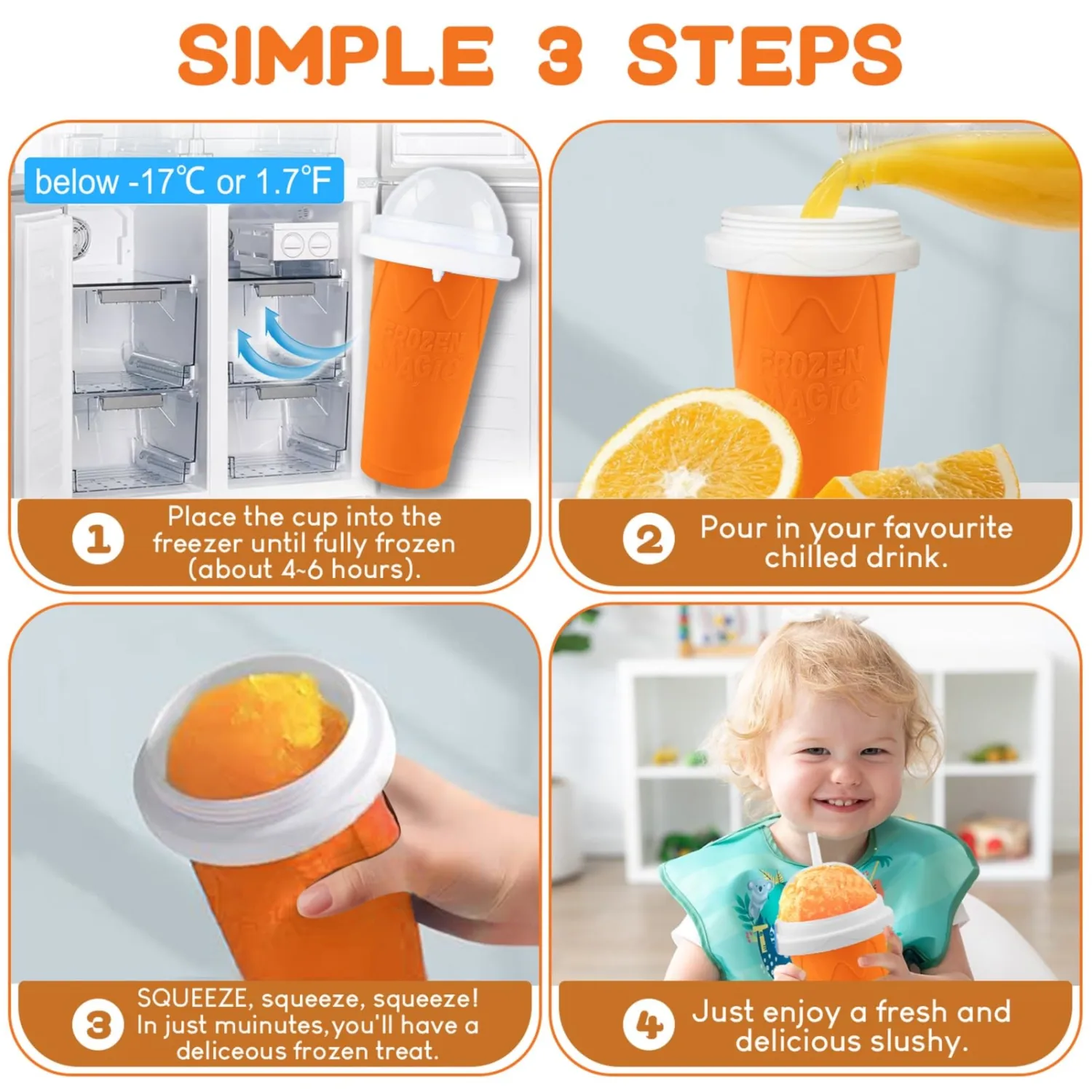 Slushie Cup, 2 Pack Frozen Magic Slushy Cup, Reusable Slushie Maker Cup for Juice Milk Yogurt Ice Cream Make, DIY Slushy Maker Cups with Lid & Straw for Kids Friends Family (Green+Orange)