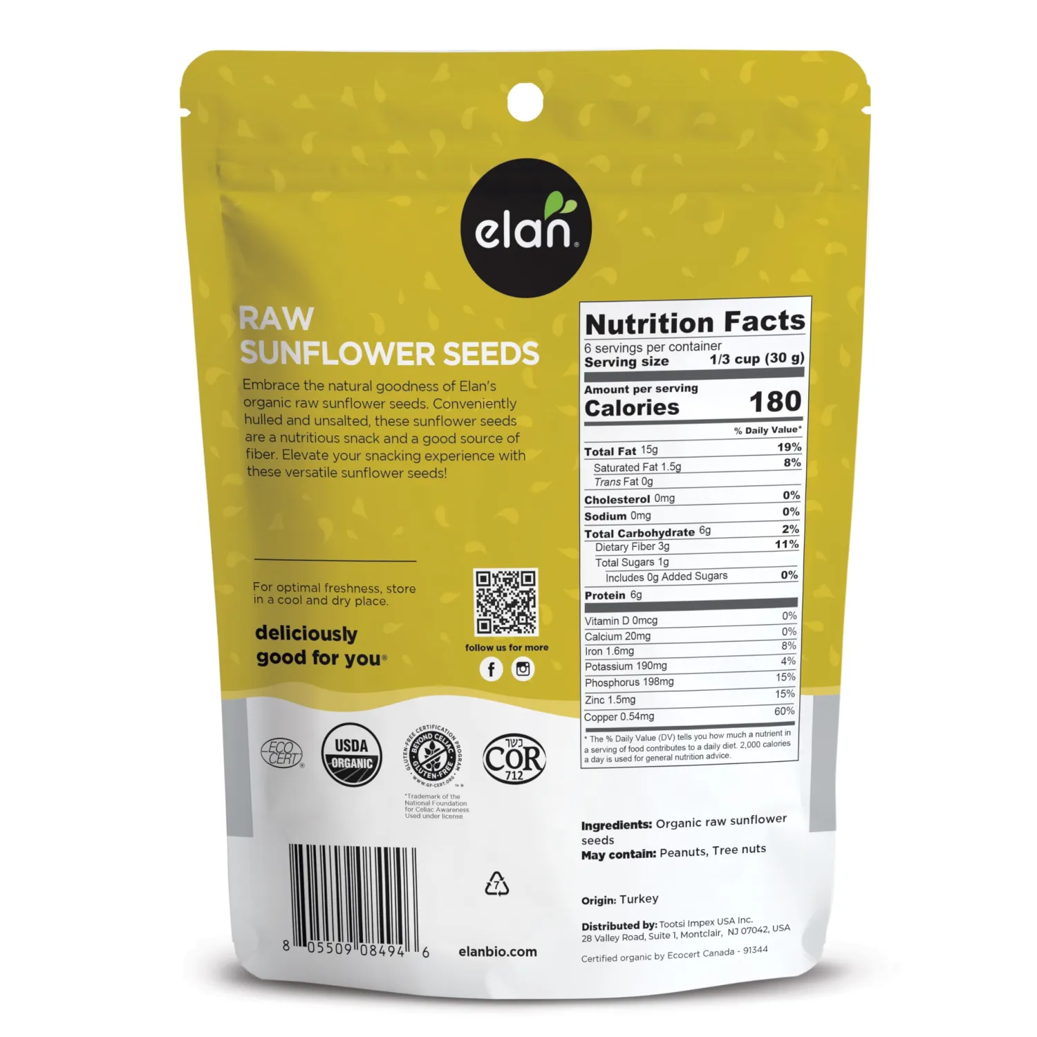 Elan Organic Raw Sunflower Seeds, 7.1 oz, Unsalted Kernels, Shelled Seeds, No Shell, Non-GMO, Vegan, Gluten-Free, Kosher, All Natural Snacks & Toppings