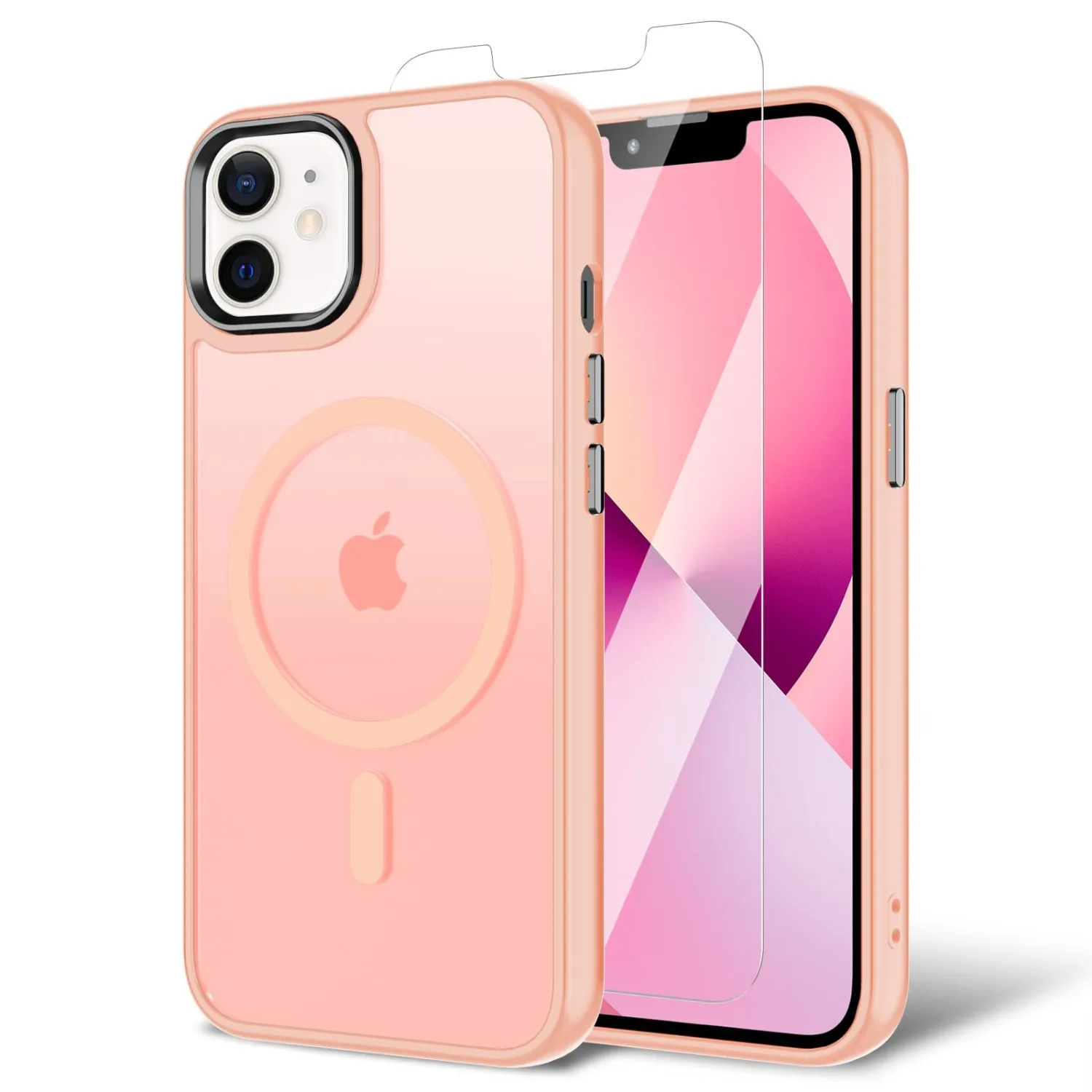 for iPhone 12 Case,iPhone 12 Pro Case with Screen Protector, [Compatible with Magsafe] Ultra Slim Translucent Matte Shockproof Protection Phone Cover-Pink