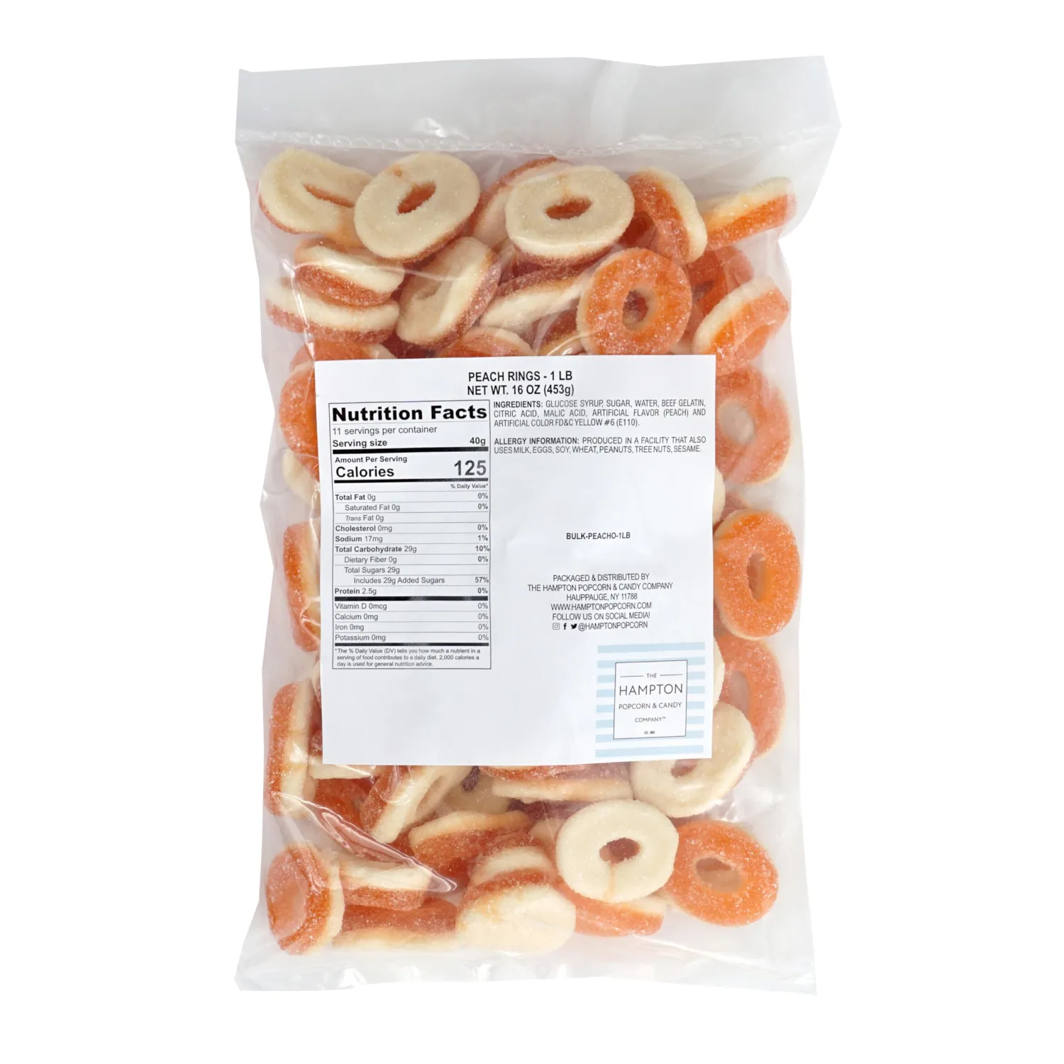 Peach Rings, 1 Pound Gummy Peach Rings Candy Bag, Peach Gummy Rings