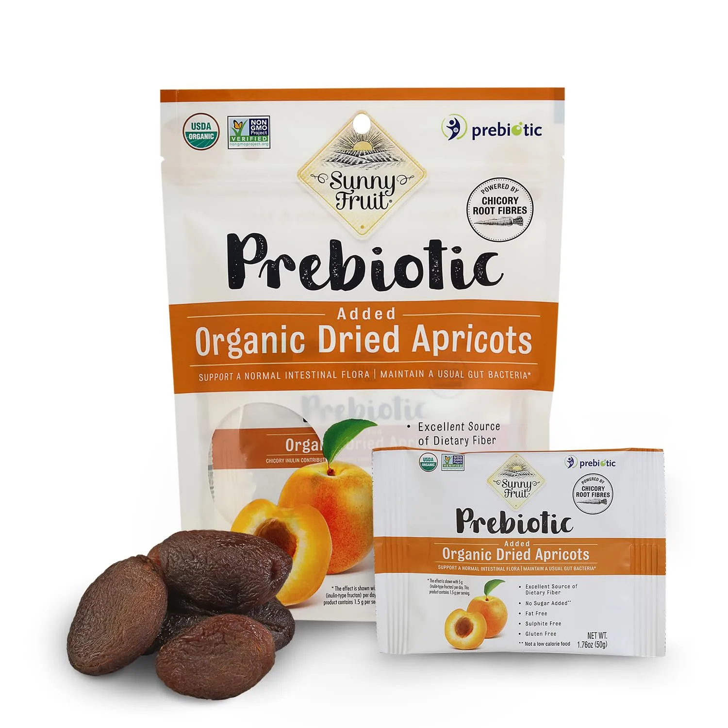 Sunny Fruit Organic Prebiotic Apricots - 1 Bag (5 Individual Portion Packs) | Convenient Snack Packs with Prebiotic Fiber | ORGANIC, NON-GMO, KOSHER, HALAL, NO PRESERVATIVES, NO SUGAR ADDED