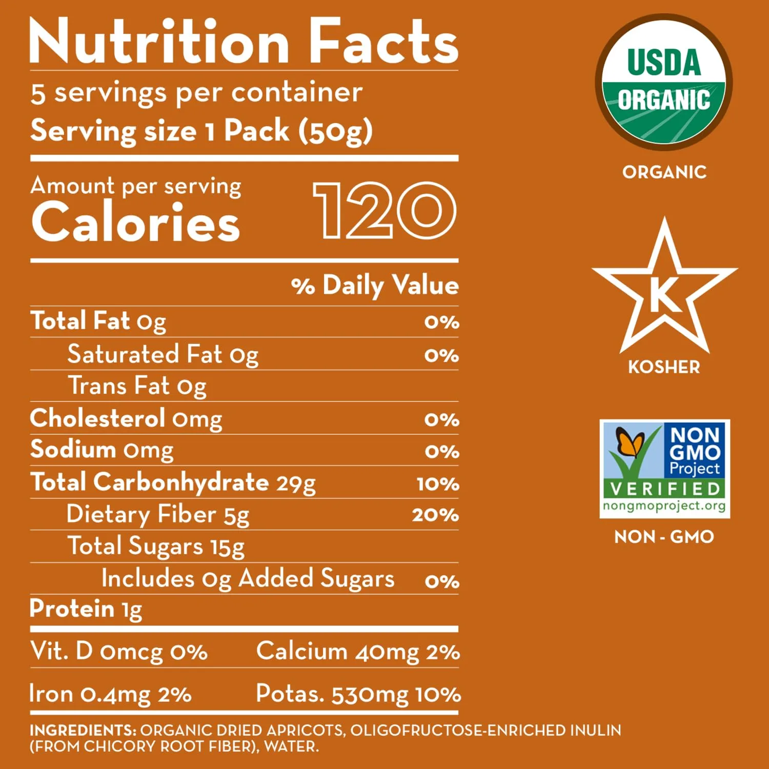 Sunny Fruit Organic Prebiotic Apricots - 1 Bag (5 Individual Portion Packs) | Convenient Snack Packs with Prebiotic Fiber | ORGANIC, NON-GMO, KOSHER, HALAL, NO PRESERVATIVES, NO SUGAR ADDED