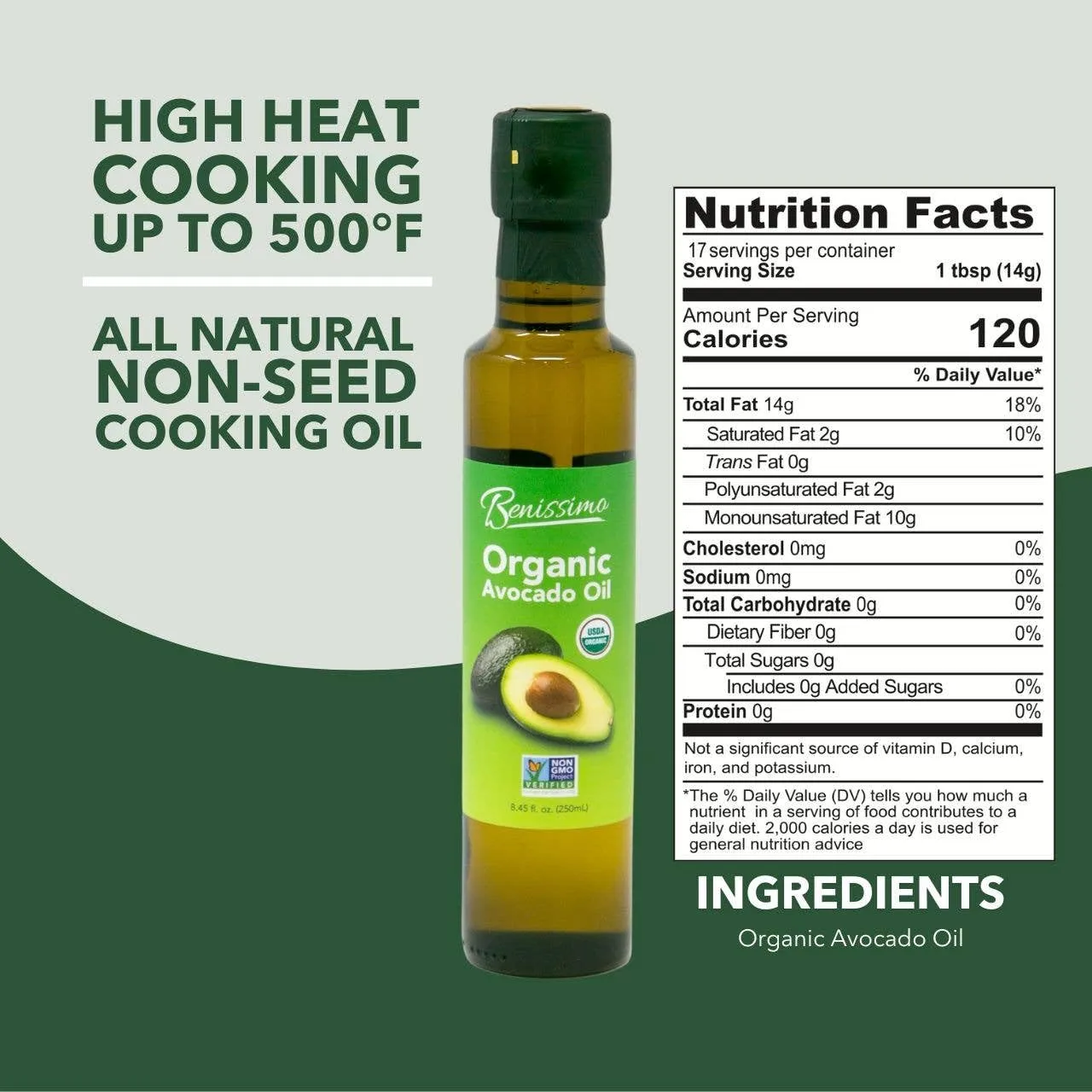 Benissimo 100% Pure Organic Avocado Oil, Allergen Free, Organic and Non-GMO Cooking Oil, 8.45 Fl Oz