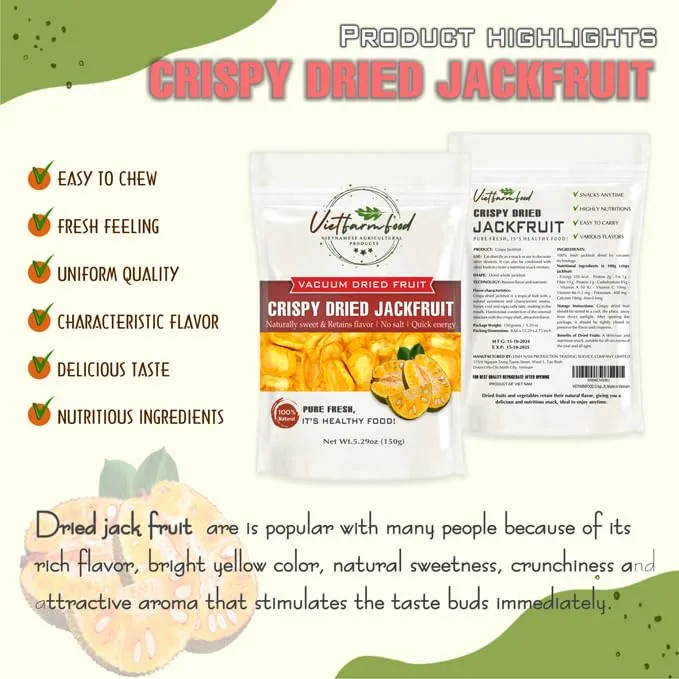 CRISPY DRIED JACKFRUIT 5.29 oz (150g) VIETFARMFOOD: lightly fried in oil. Sugar free, naturally sweet, rich in nutrients. Perfect for snacking, topping or gifting.