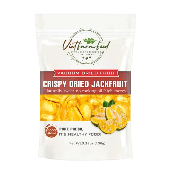 CRISPY DRIED JACKFRUIT 5.29 oz (150g) VIETFARMFOOD: lightly fried in oil. Sugar free, naturally sweet, rich in nutrients. Perfect for snacking, topping or gifting.