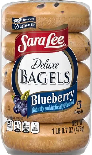Sara Lee Deluxe Blueberry Bagels, 5 count, (3.34 oz each), Pre-sliced Bagels, Naturally and Artificially Flavored, 16.7 oz Bag