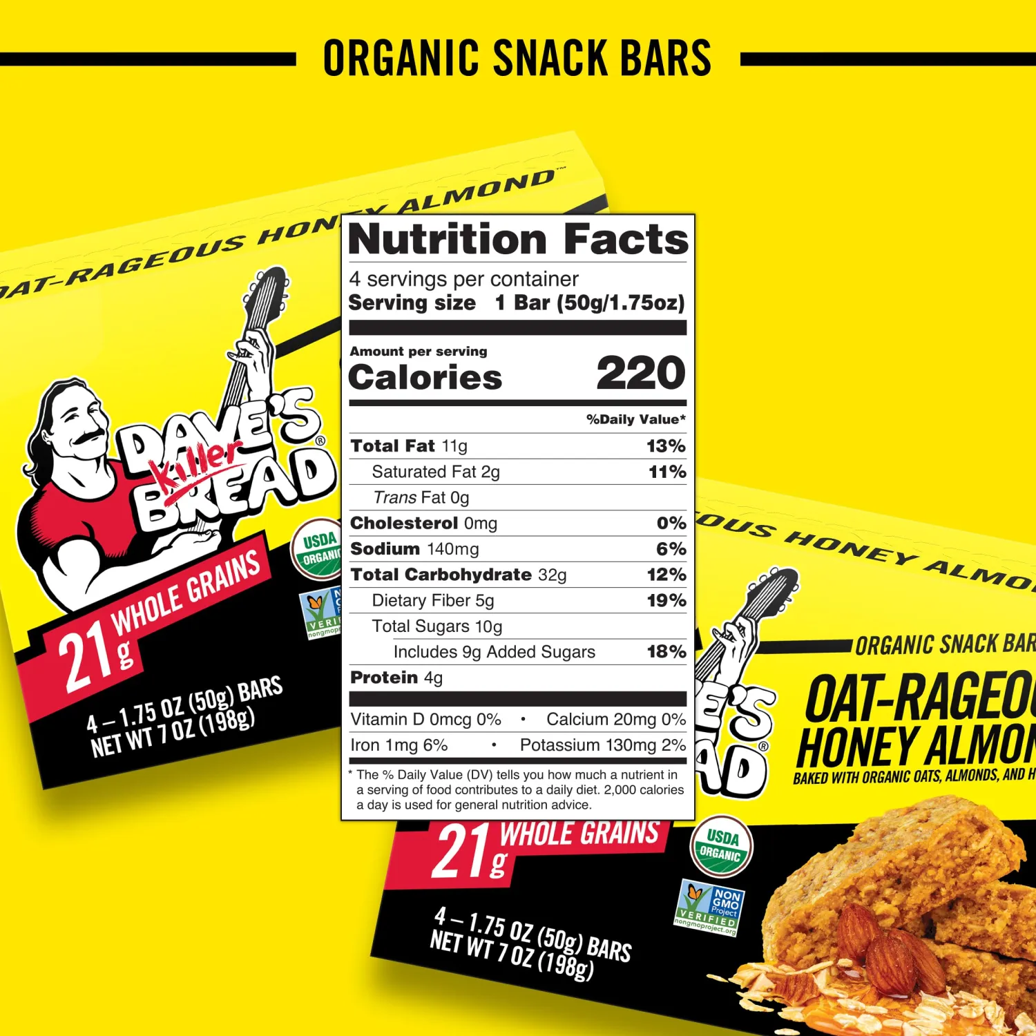 Dave's Killer Bread Oat-Rageous Honey Almond Organic Snack Bars, 4 Individually Wrapped Snack Bars