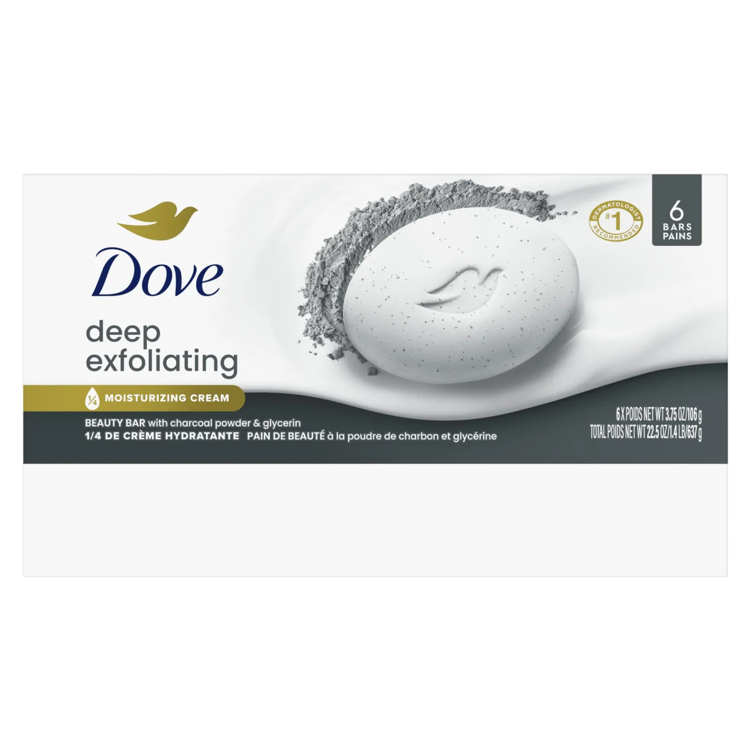 Dove Beauty Bar Soap 6 Bars Deep Exfoliating Charcoal Powder & Glycerin, for Softer, Smoother Skin, Scrubs Away Impurities 3.75 oz