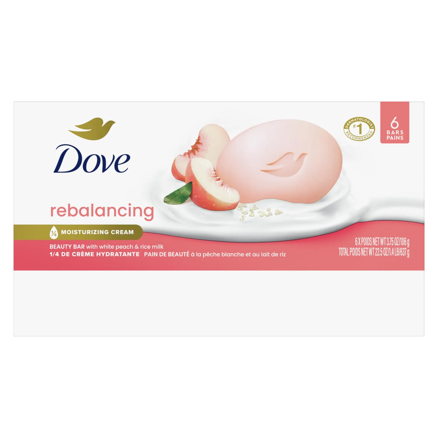 Dove Beauty Bar Soap Rebalancing White Peach & Rice Milk 6 Count for a Nourished and Moisturized Skin, with ¼ Moisturizing Cream Plant-Based Formula, 3.75 oz