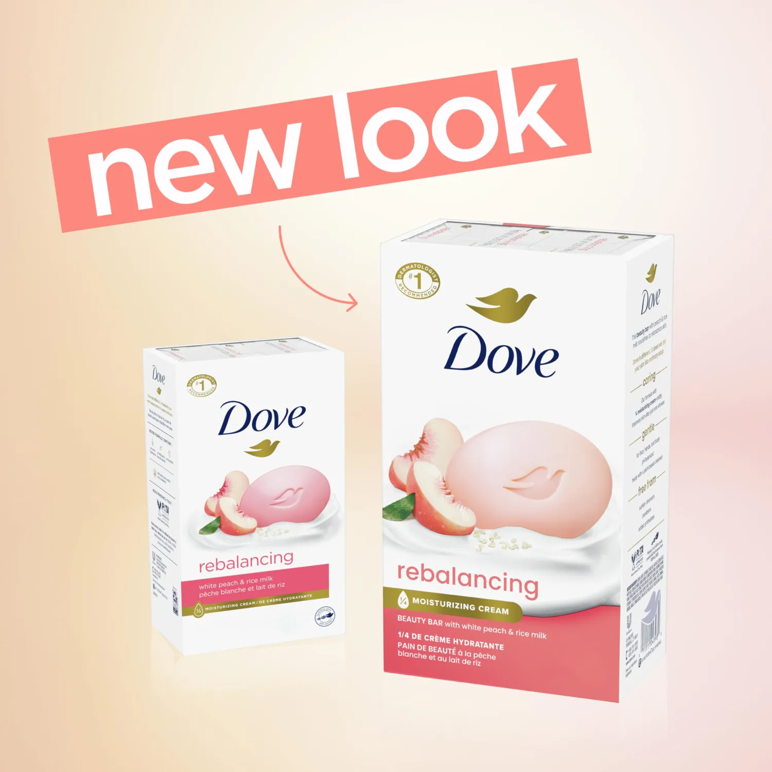 Dove Beauty Bar Soap Rebalancing White Peach & Rice Milk 6 Count for a Nourished and Moisturized Skin, with ¼ Moisturizing Cream Plant-Based Formula, 3.75 oz