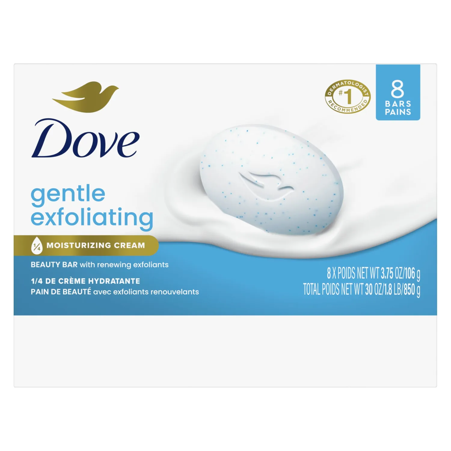 Dove Beauty Bar Soap 8 Bars Gentle Exfoliating, for Soft, Smooth Skin, Gently Renews Skin 3.75 oz