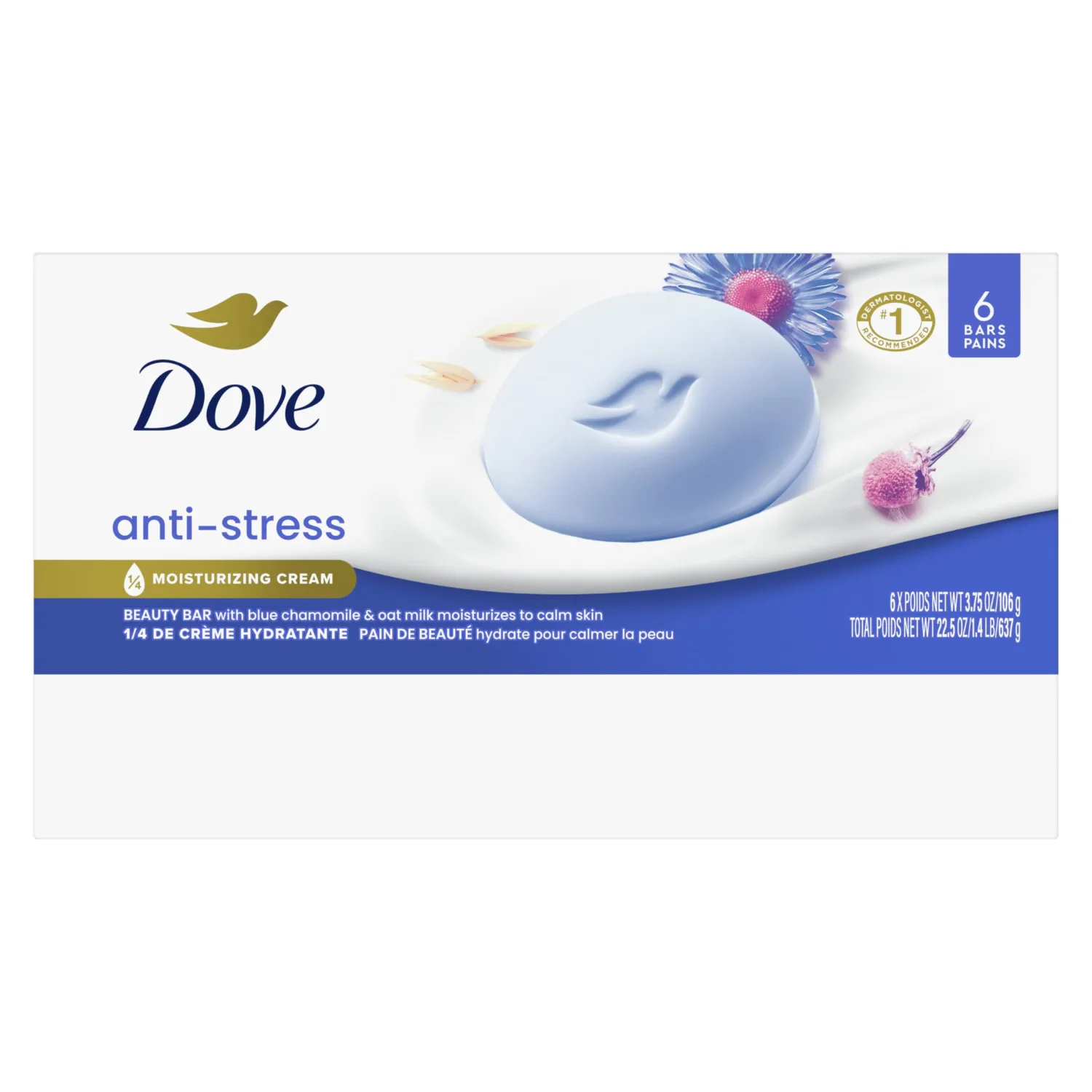 Dove Anti-Stress Blue Chamomile And Oat Milk Moisturizes to Calm Skin Soap 106g Pack Of 6