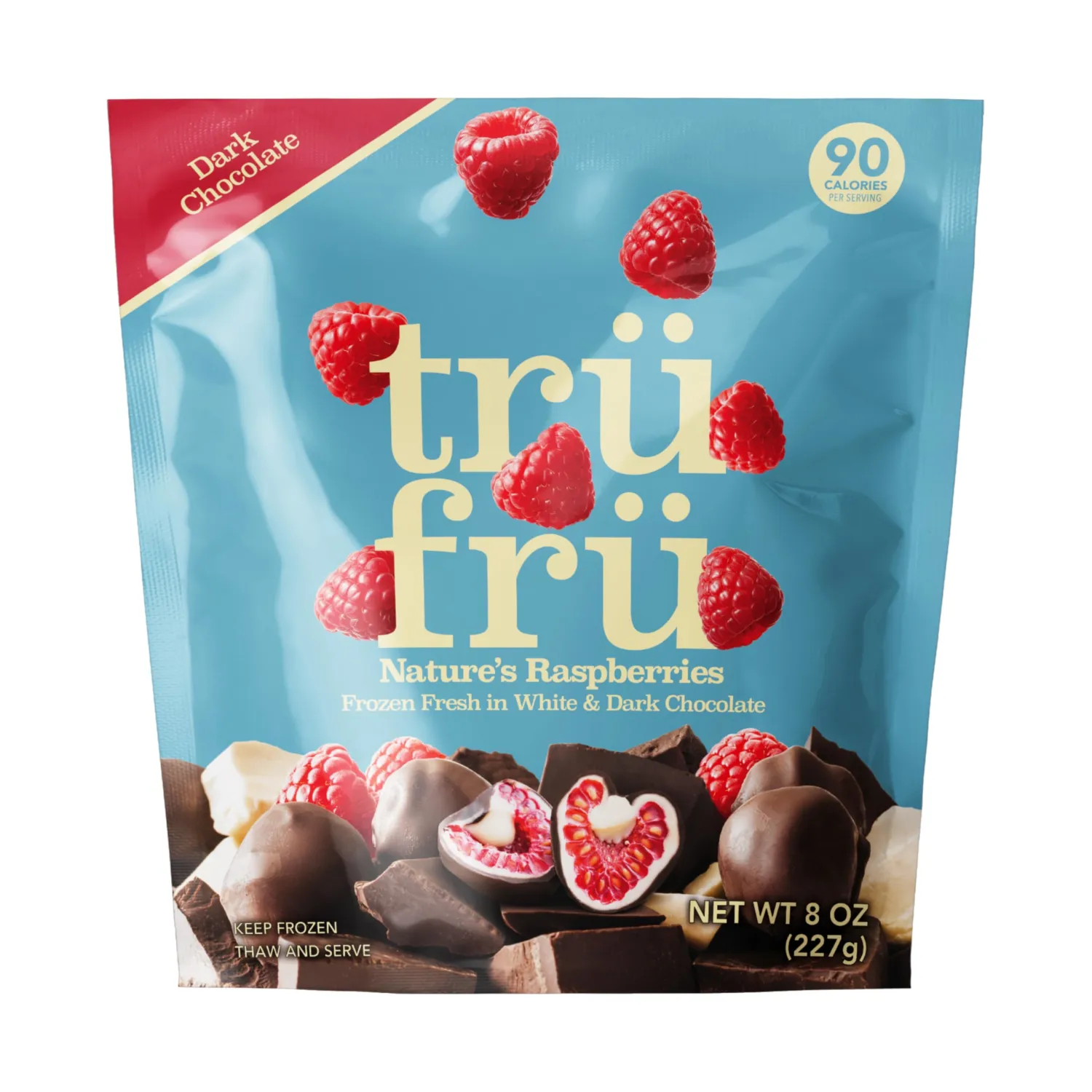 Tru Fru Nature's Raspberries Frozen Fresh In White & Dark Chocolate, 8 Ounce Bag