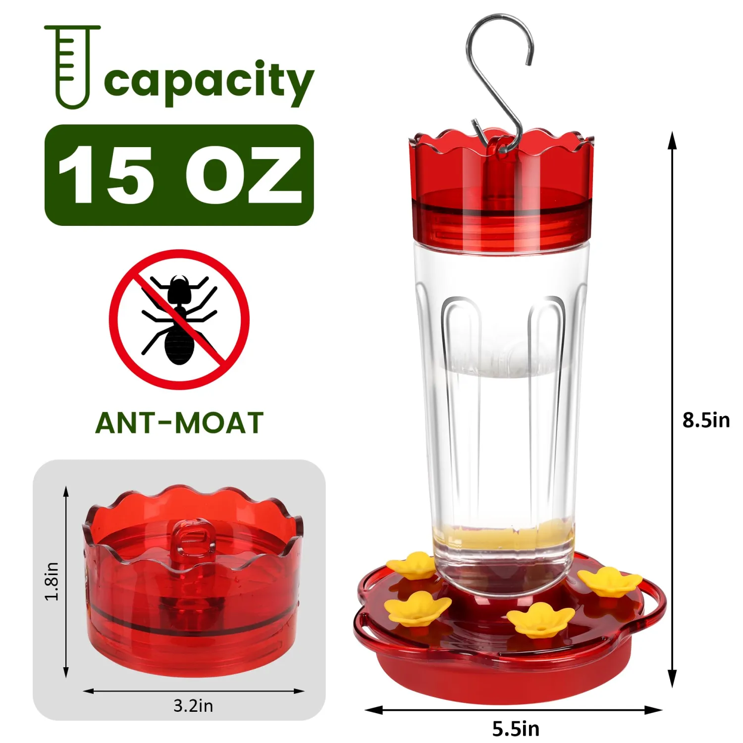 Plastic Hummingbird Feeders for Outdoors Hanging Ant and Bee Proof, 1 Pack 15 Ounces Red Hummingbird Feeder with 5 Feeding Ports and Perches, Built-in Ant Moat, Outside Garden Décor (Plastic, 1)