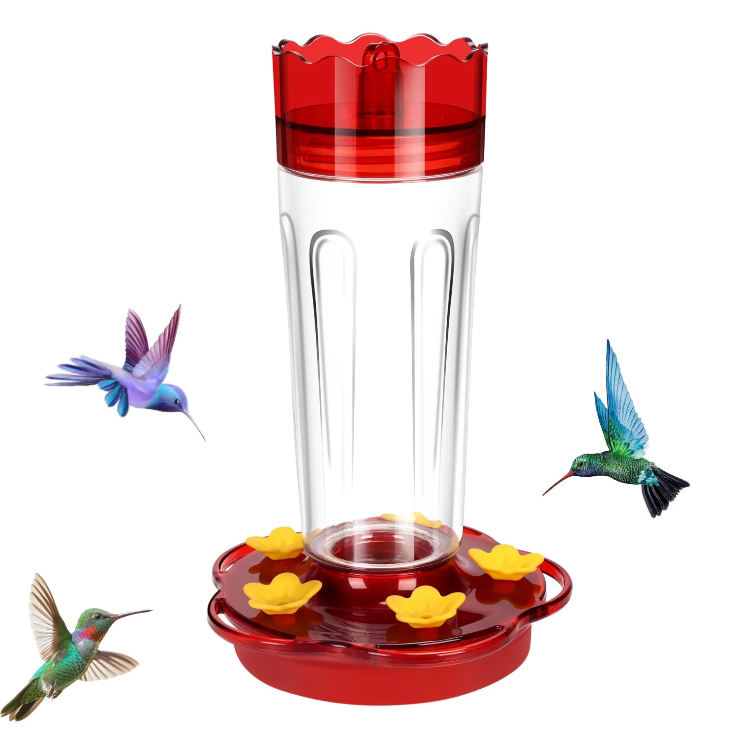 Plastic Hummingbird Feeders for Outdoors Hanging Ant and Bee Proof, 1 Pack 15 Ounces Red Hummingbird Feeder with 5 Feeding Ports and Perches, Built-in Ant Moat, Outside Garden Décor (Plastic, 1)