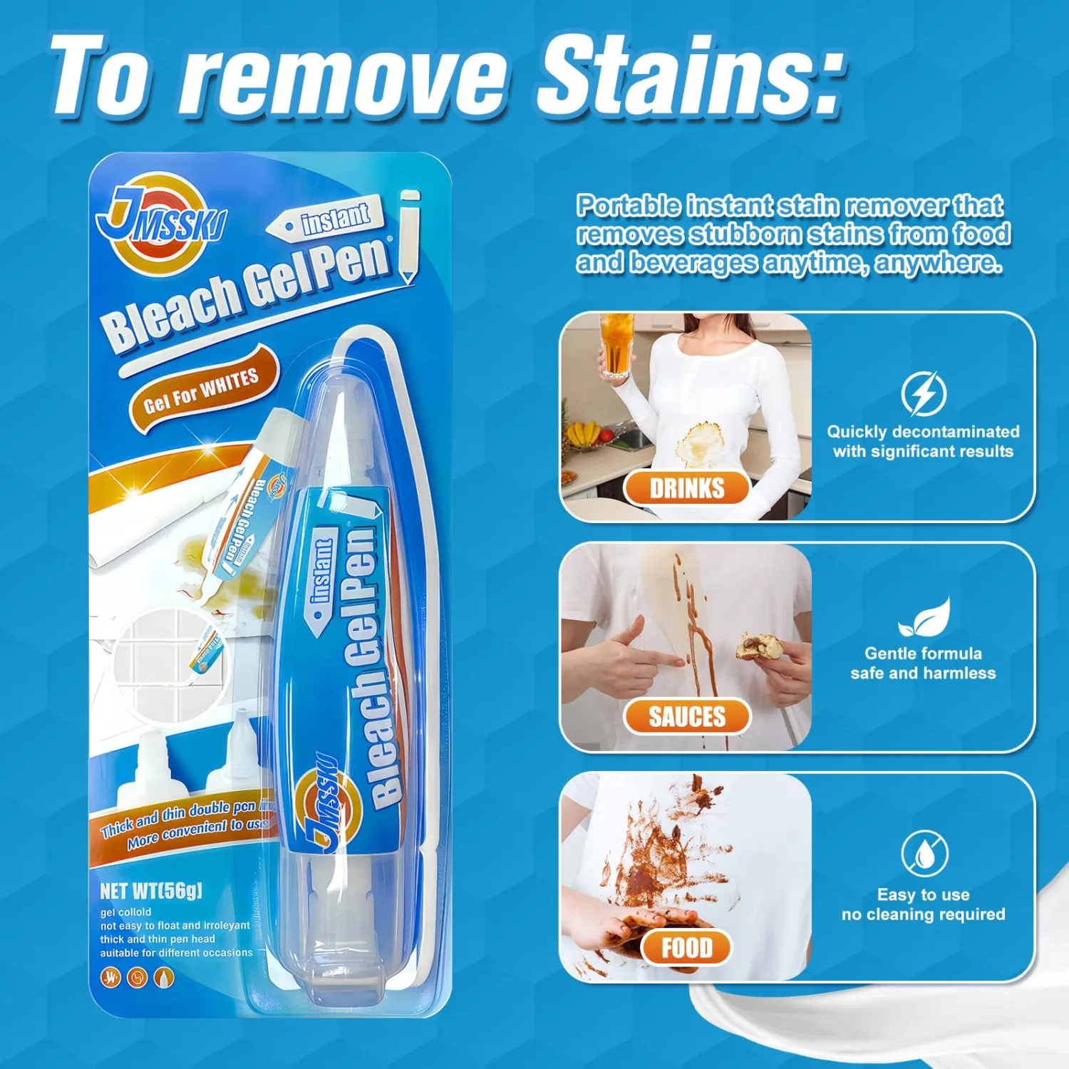Bleach Gel Pen, Bleach Pen, Stain Remover Pen, Mold Stain Remover Gel Cleaner, Clothing bleached DIY design, Travel Accessories, Lnstantly Remove Stains, 2PCS