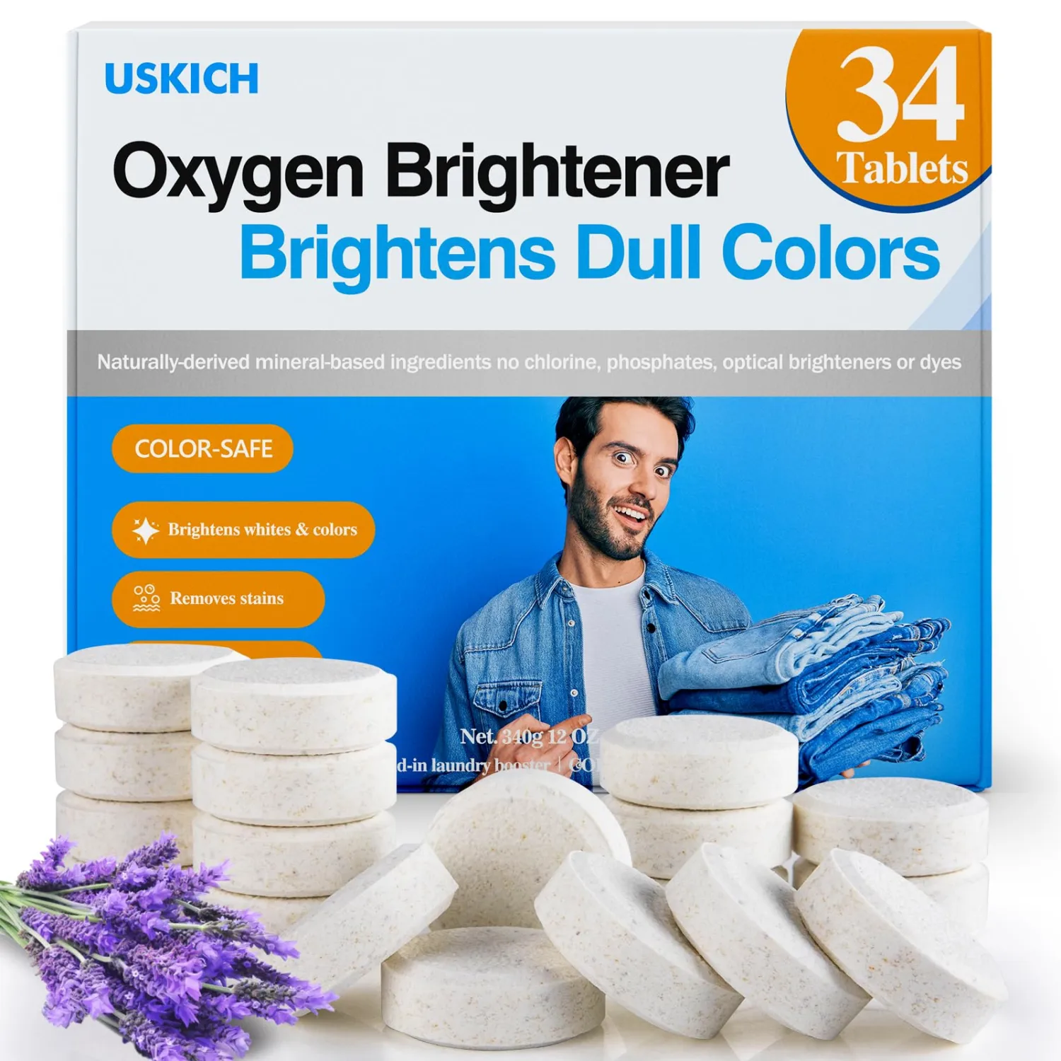 USKICH 34 Pack Bleach Alternative Pods,Brightener Laundry Detergent Tablets,Chlorine Free & Safe Bleach Tablets for Laundry,Laundry Booster to Brighten Colors,Removes Stains,Neutralizes Odors