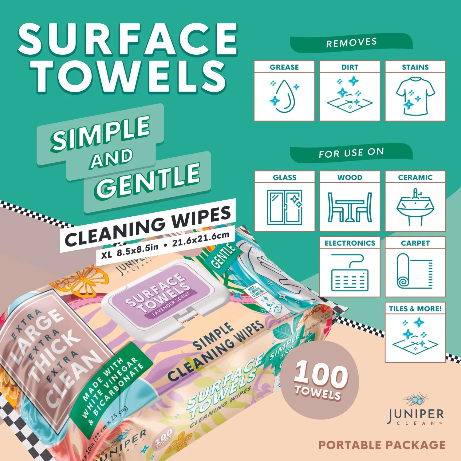 1 Pack Surface Cleaning Wipes Bleach Free, Thick & Large Dispose, All-Purpose Cleaner for Bathroom, Kitchen, Office, 100 Count Soft Flow, Biodegradable, Lavender Scent