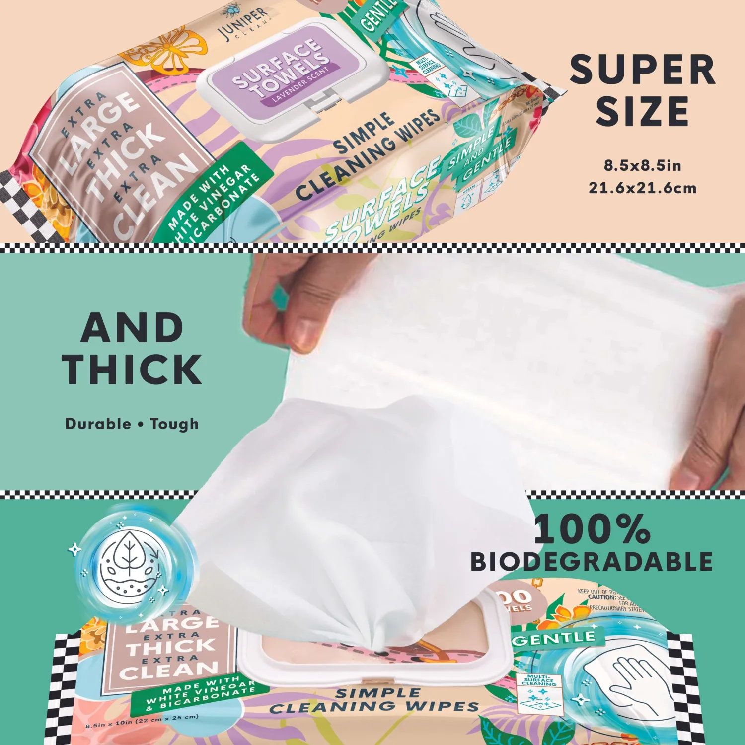 1 Pack Surface Cleaning Wipes Bleach Free, Thick & Large Dispose, All-Purpose Cleaner for Bathroom, Kitchen, Office, 100 Count Soft Flow, Biodegradable, Lavender Scent