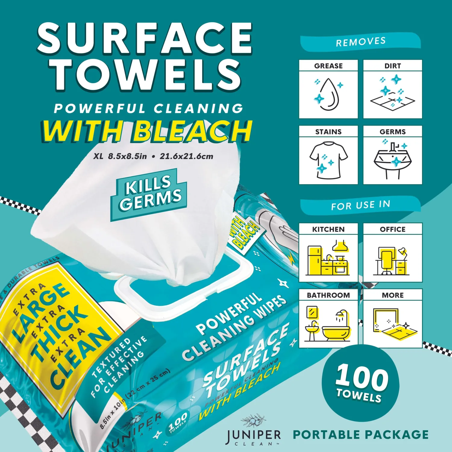 1 Pack Surface Wipes with Bleach, Thick & Large Dispose, All-Purpose Cleaner for Bathroom, Kitchen, Office, 100 Count Soft Flow, Biodegradable, Fresh Scent