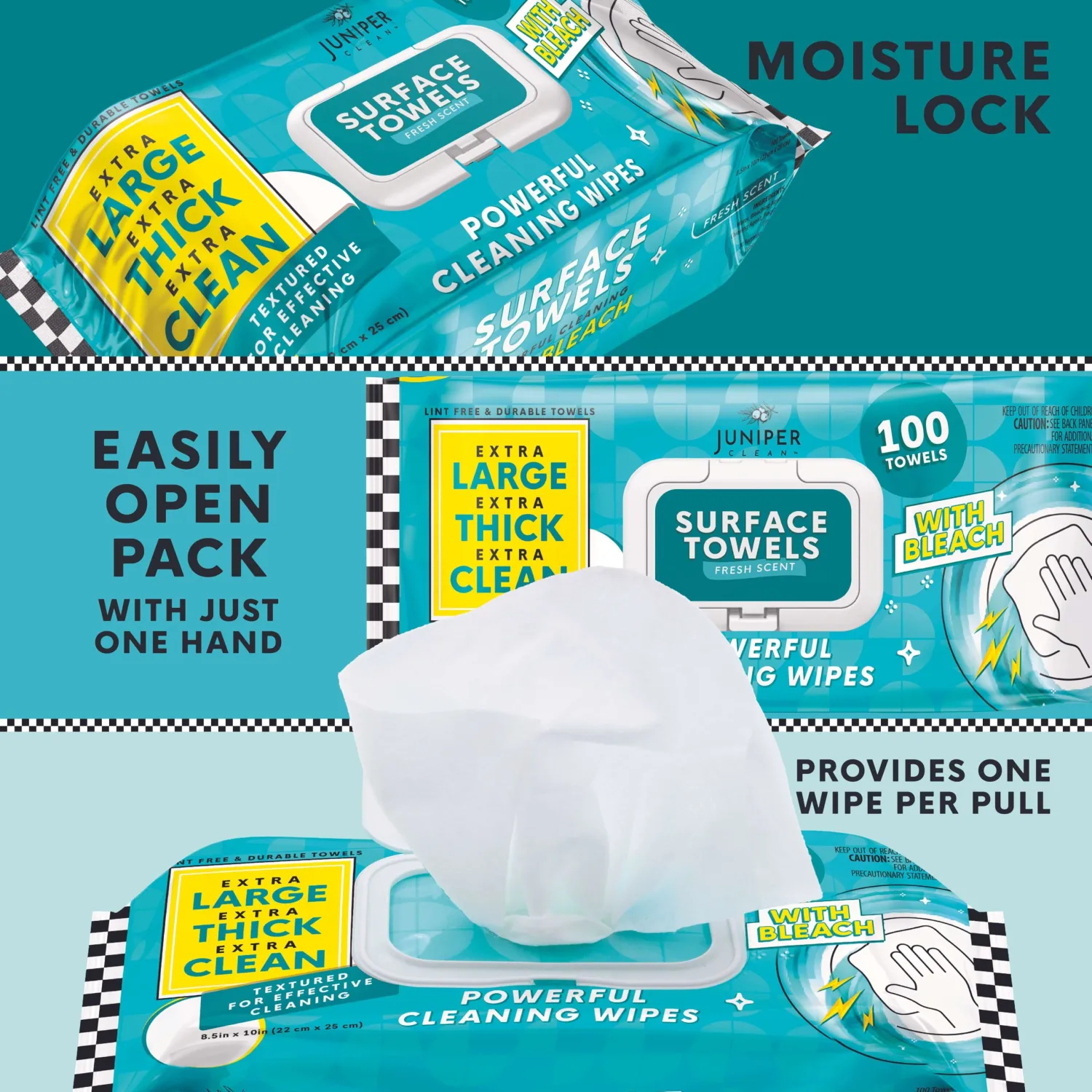 1 Pack Surface Wipes with Bleach, Thick & Large Dispose, All-Purpose Cleaner for Bathroom, Kitchen, Office, 100 Count Soft Flow, Biodegradable, Fresh Scent