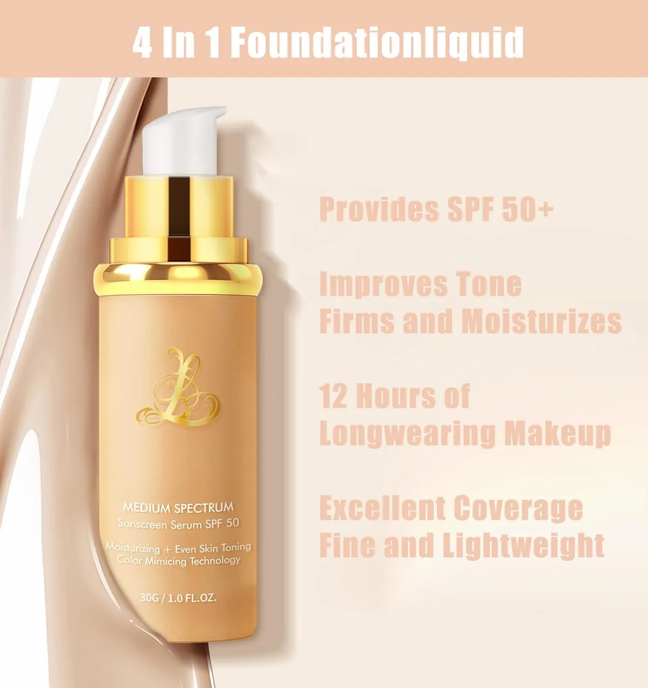 Color Changing Foundation, Foundation 4 in 1 - Medium Spectrum,Protecting From Sun With SPF 50+, Concealer Cover Cream Longwearing & Waterproof for Sport, Dancing
