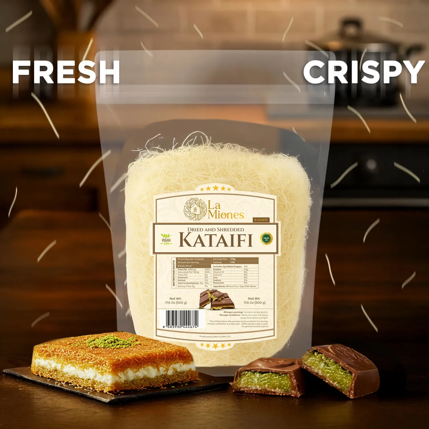 La Miones Premium Kataifi Pastry 500g (17.6 oz) – Resealable Bag of Shredded Phyllo Dough for Dubai Chocolate Bar, Kunafa, Knafeh, Baklava & Greek Desserts – Crispy Middle Eastern Filo
