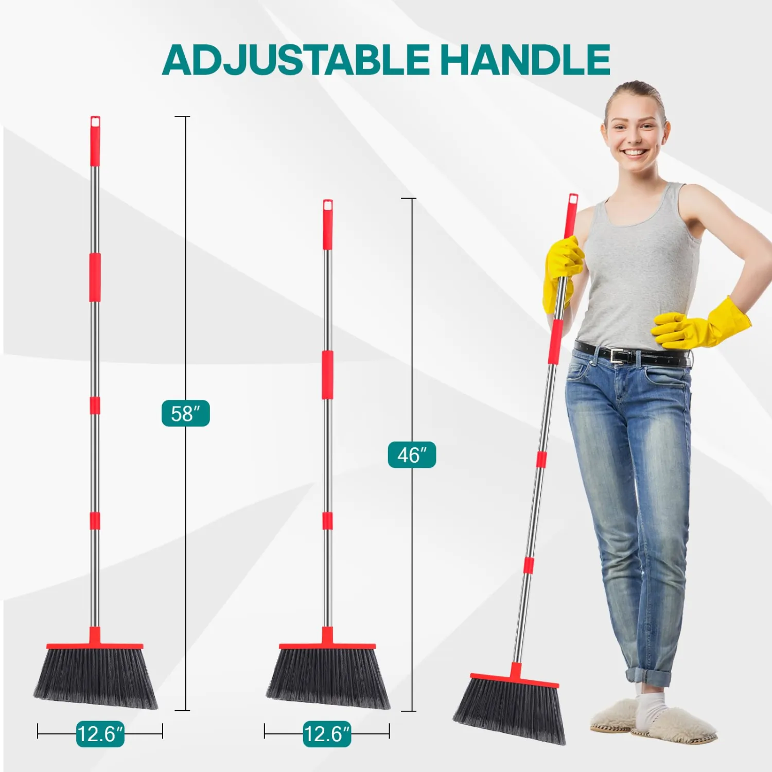 Heavy Duty Broom Outdoor, 58" Long Stainless Steel Handle, Hard Bristle Angle Broom for Floors,Commercial & Industrial Broom for Sweeping Indoor, Garage, Kitchen (Red)