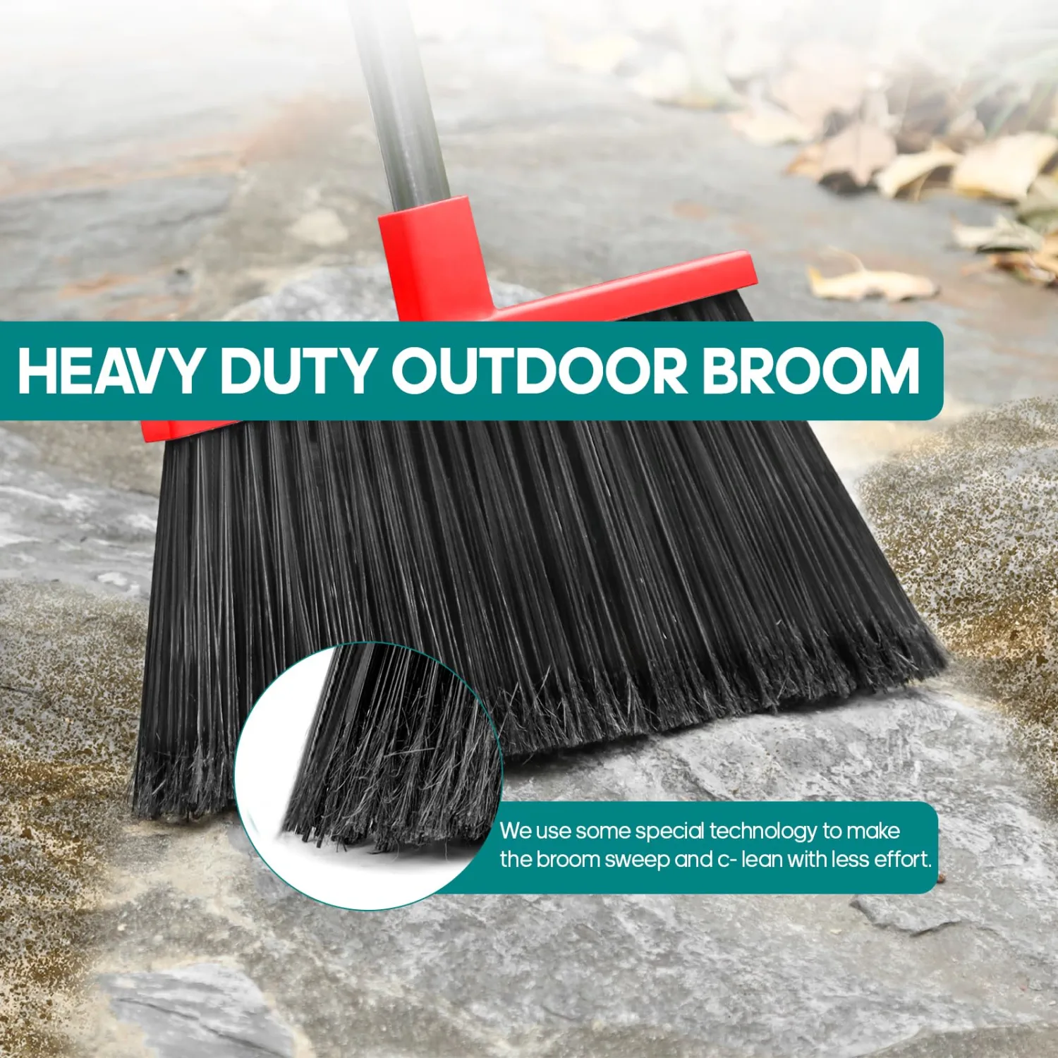 Heavy Duty Broom Outdoor, 58" Long Stainless Steel Handle, Hard Bristle Angle Broom for Floors,Commercial & Industrial Broom for Sweeping Indoor, Garage, Kitchen (Red)