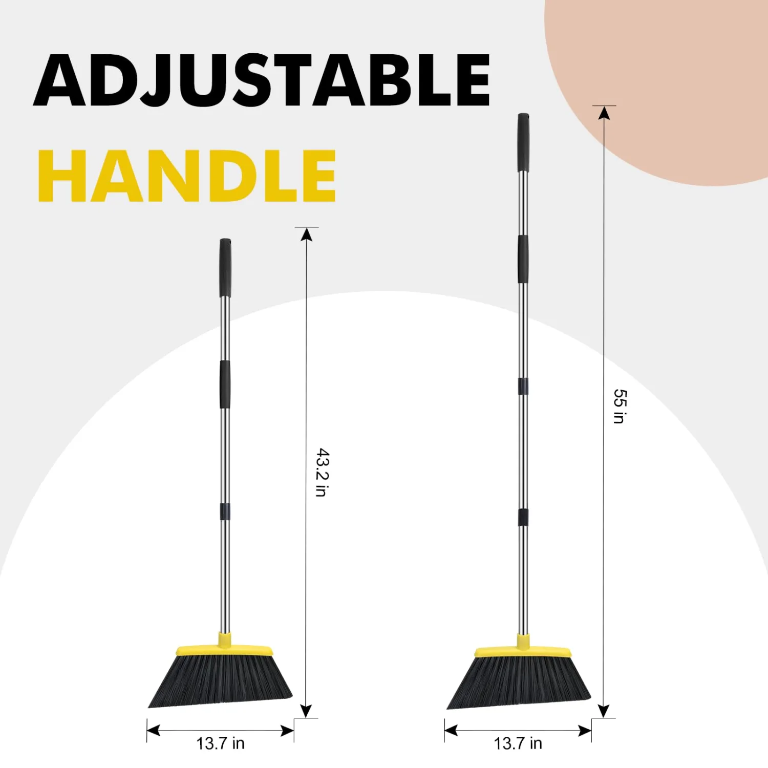 Heavy Duty Broom, 55 Inch Long Handle Outdoor Large Angle Brooms, Commercial Broom for Sweeping Indoor, for Home Garage Kitchen Office Courtyard Lobby Patio Lawn Concrete, Yellow