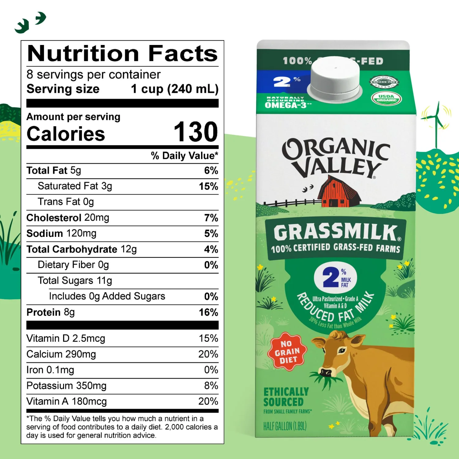 Organic Valley Grassmilk, 100% Grass Fed Organic 2% Reduced Fat Milk, Half Gallon, 64 oz