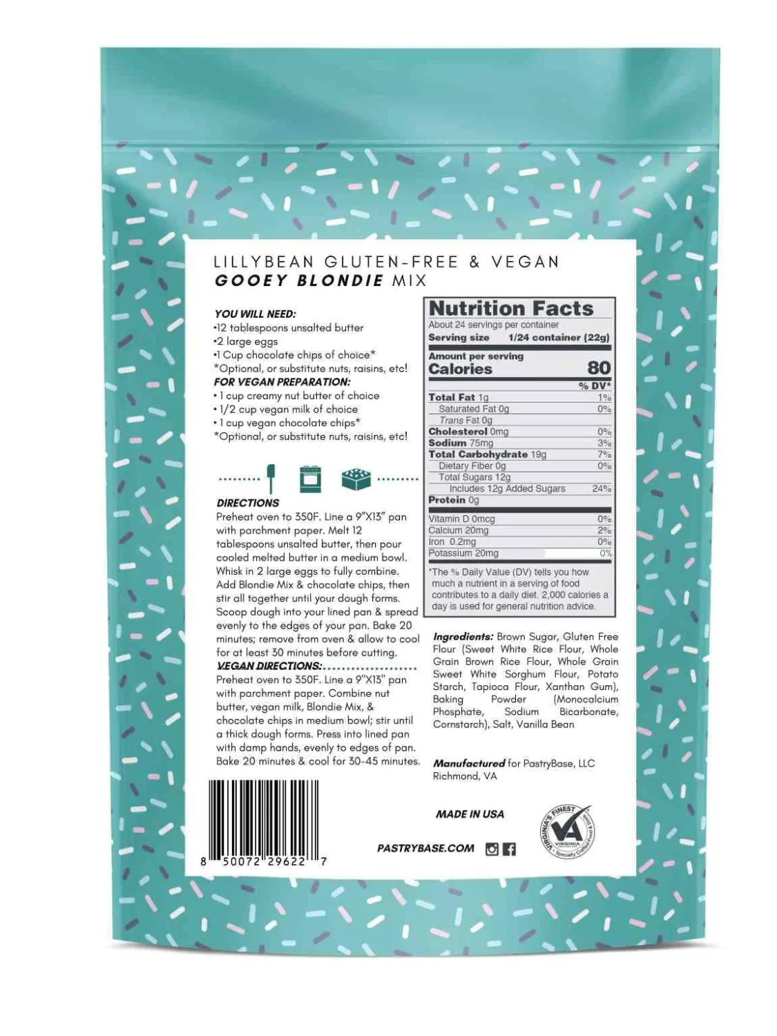 LillyBean Gluten Free Gooey Blondie Mix with No Artificial Colors - Dairy and Soy Free, Vegan - Makes Delicious Desserts - Skillet Cookies, Breakfast Bars, Cake Pops - 18 oz
