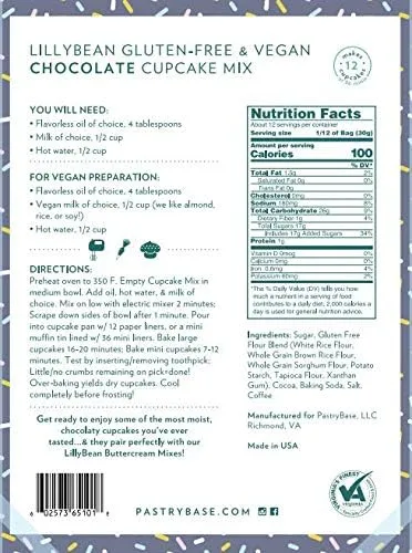 LillyBean Gluten Free Chocolate Cupcake Mix with No Artificial Colors - Dairy and Soy Free, Vegan - Makes Delicious Desserts - Cakes, Donuts, Cake Pops - 13 oz
